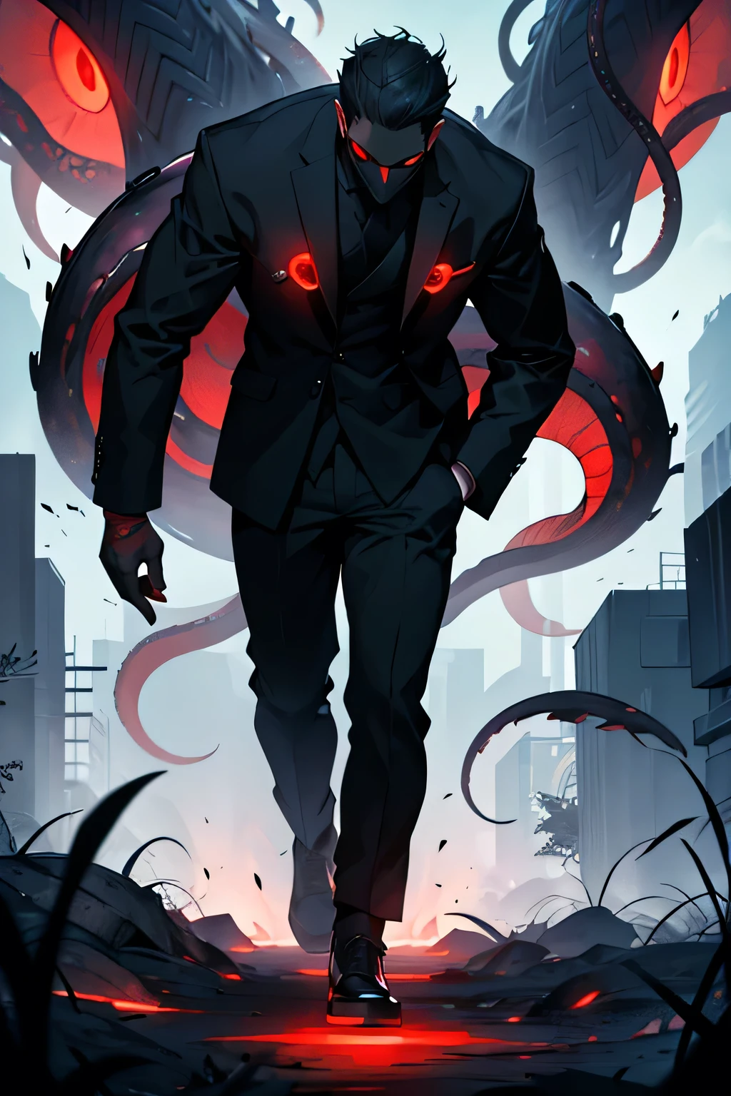 This is a guy who can't even see his face, just a black shadow, with a pair of giant red eyes, surrounded by something that looks like tentacles. Mysterious and great.