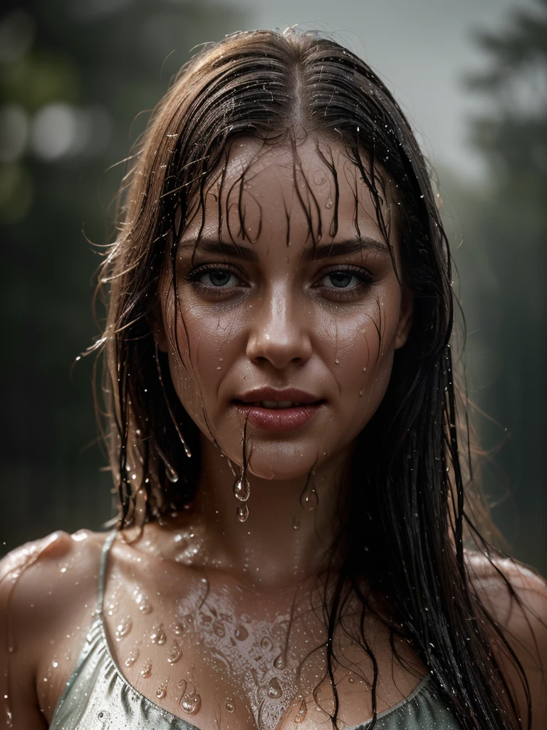 woman stands outside in the rain, shimmering skin, finest luxury, reflecting rain light on her, (she's soaking wet from the pouring rain, standing outside in open next to street light)), most beautiful woman on earth, (her hair is (dripping wet:1.2), she glistens with natural light glow, radiant skin) , long wet hair, (her summer dress soaked), a stunning American woman, Her skin is wet,, she smiles, outside, (relaxed , happy and refreshed)), (hyper-detailed wet dress, fabric, (rain drops visible in air, backlit)), (highest quality fabric texture), lush wet clothes with accent highlights, film quality, rain drops in air, splashing behind, puddles(ultra-realistic , rainy sky, atmosphere ,soft accent light, gorgeous Rembrandt style lighting, (Rembrandt patch)), (highest quality wet fabric texture), matte dress fabrics, Her wet drenched hair, ultra-realistic, adorned with long lashes, the color of fireflies, a world of passion. Finely detailed,(Fine-grained), (highest detail skin texture peach-fuzz earlobe realistic, water droplets) ○○ res – ultra high high resolution , very high texture (water highlights resolution), Photorealistic hands and fingers – (photorealistic beautiful 4k) , 8K,extreme detail, close and intimate, she looks to camera, teasing, Her perfectly sculpted lips, lifelike, highly real natural lips. she is a, Vermeer, a work of art, enticing. indulge in desire.solo woman, (highest quality fabric texture), light hair, every detail,Fine facial features, Masterpiece – Masterpiece ○○ quality – (Highest Quality) ,Leica film, High quality ○○ detailed – ○○ details ultra detailed(Ultra-fine ), Photorealistic, Extremely detailed(Extremely detailed) , Finely detailed, (highest detail water drops realistic)○○ res – ○○ resolution ultra high res(A high resolution)