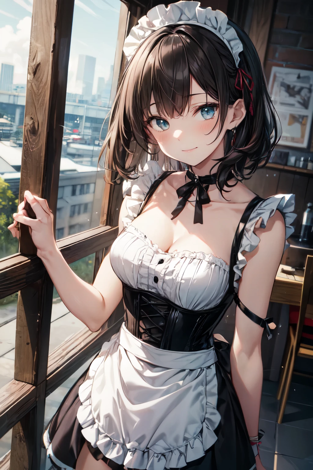 an extremely delicate,
beautiful girl,
break,
8k,
best quality,
masterpiece,
ultra hires,
ultra detailed girl,
super fine illustration,
break,
active pose,
outdoors,
shiny,
bright,
rim lighting,
break,
1girl,
solo,
college age,
perfect female body,

black hair,
short hair,
bangs hairpin,
asymmetrical bangs,


round face,
PaleTurquoise eyes,
sleepy,
(smile:0.8),
medium breasts,


break,
black shirred Maid Dress,
apron,
black corset with straps,
Katyusha,
choker ribbon,
cufflinks,