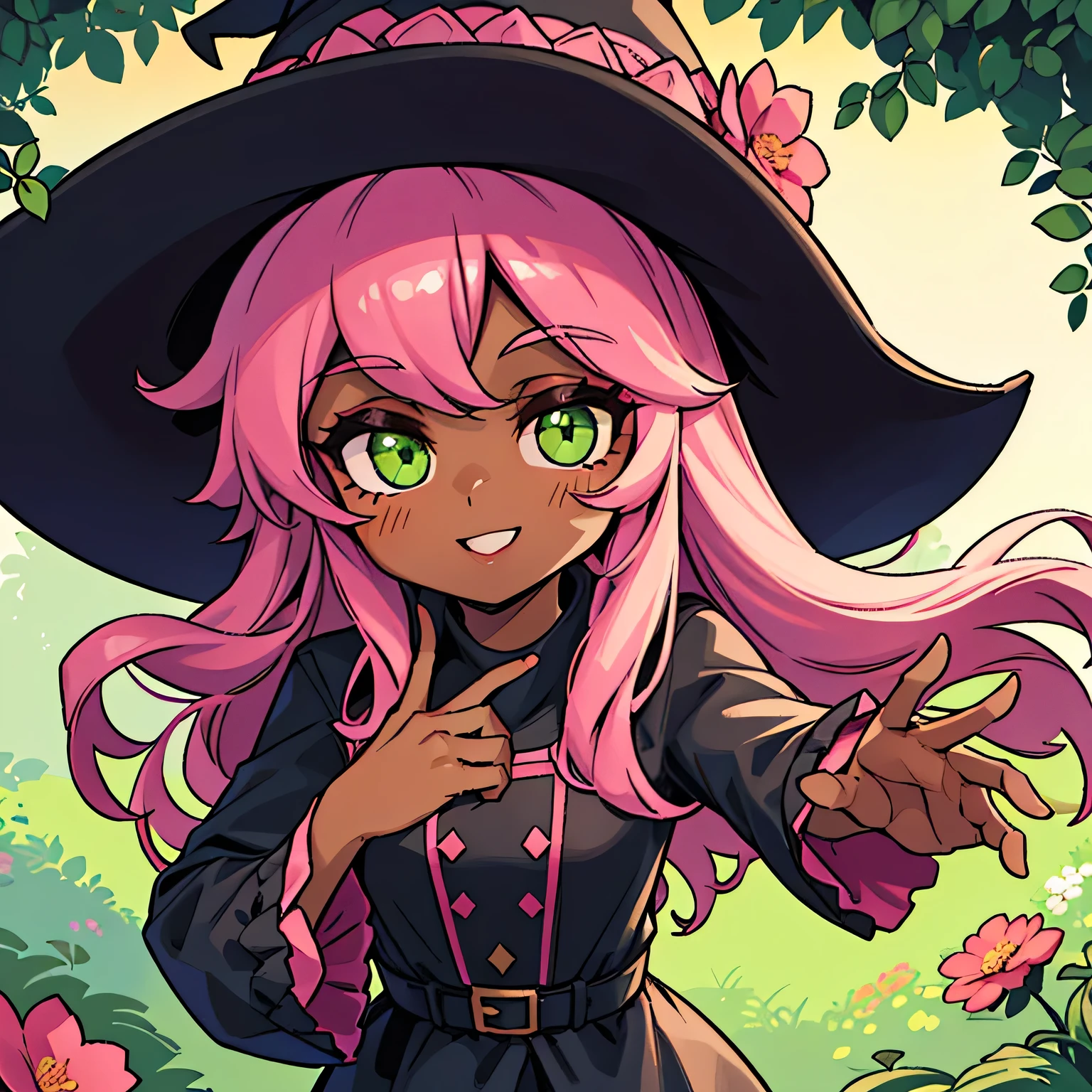 a girl with brown skin, pink hair, green eyes, wearing a shiny black dress, with a witch's hat, making an ok gesture with her hand, the environment around her completely full of flowers.
