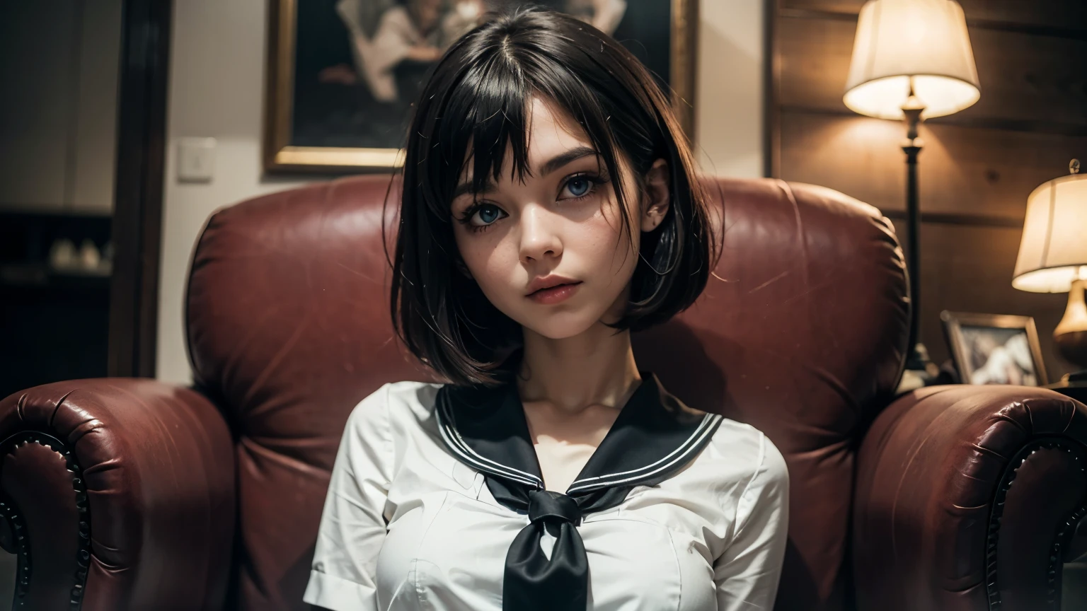 35mm film, solo, bob cut, makeup, blue eyes, small tits, (anime school uniform) in night (((in a armchair))) upper body, epiCPhoto,focus on face, close to viewer, intricate lines, intriguing atmosphere, sharp magnificent details, delicate features, elaborate details, beautiful girl, black hair, (short hair) twenty year old woman, ((upper body)) (Acne), ((interior lighting))