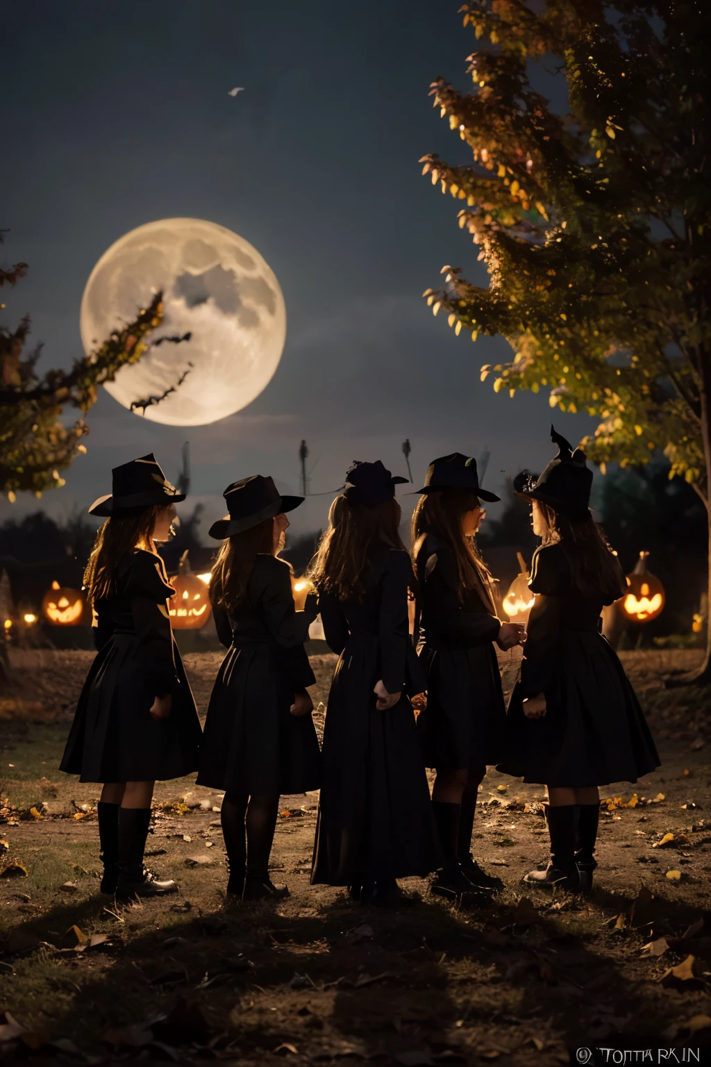 a cute witch, pumpkin patch, bats flying, full moon in night sky, spooky forest, jack-o-lanterns, candy and treats, spider web, haunted house, colorful autumn leaves, (best quality,4k,8k,highres,masterpiece:1.2),ultra-detailed,(realistic,photorealistic,photo-realistic:1.37),halloween,fantasy,digital painting,vibrant colors,dramatic lighting

a group of children in halloween costumes, trick-or-treating, jack-o-lanterns, haunted house, full moon, bats flying, cobweb, spooky trees, candy and sweets, (best quality,4k,8k,highres,masterpiece:1.2),ultra-detailed,(realistic,photorealistic,photo-realistic:1.37),halloween,fantasy,digital painting,warm tones,cinematic lighting