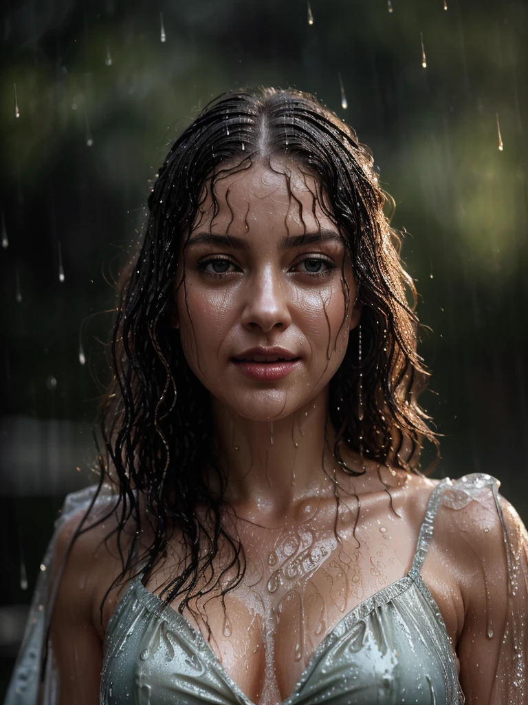 woman stands outside in the rain, shimmering skin, finest luxury, reflecting rain light on her, (she's soaking wet from the pouring rain, standing outside in open next to street light)), most beautiful woman on earth, (her hair is (dripping wet:1.2), she glistens with natural light glow, radiant skin) , long wet hair, (her summer dress soaked), a stunning American woman, Her skin is wet,, she smiles, outside, (relaxed , happy and refreshed)), (hyper-detailed wet dress, fabric, (rain drops visible in air, backlit)), (highest quality fabric texture), lush wet clothes with accent highlights, film quality, rain drops in air, splashing behind, puddles(ultra-realistic , rainy sky, atmosphere ,soft accent light, gorgeous Rembrandt style lighting, (Rembrandt patch)), (highest quality wet fabric texture), matte dress fabrics, Her wet drenched hair, ultra-realistic, adorned with long lashes, the color of fireflies, a world of passion. Finely detailed,(Fine-grained), (highest detail skin texture peach-fuzz earlobe realistic, water droplets) ○○ res – ultra high high resolution , very high texture (water highlights resolution), Photorealistic hands and fingers – (photorealistic beautiful 4k) , 8K,extreme detail, close and intimate, she looks to camera, teasing, Her perfectly sculpted lips, lifelike, highly real natural lips. she is a, Vermeer, a work of art, enticing. indulge in desire.solo woman, (highest quality fabric texture), light hair, every detail,Fine facial features, Masterpiece – Masterpiece ○○ quality – (Highest Quality) ,Leica film, High quality ○○ detailed – ○○ details ultra detailed(Ultra-fine ), Photorealistic, Extremely detailed(Extremely detailed) , Finely detailed, (highest detail water drops realistic)○○ res – ○○ resolution ultra high res(A high resolution)