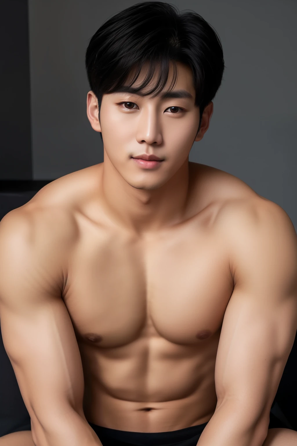 Korean male portrait, Korean handsome face, perfect face, muscular body, half naked, big fluffy breasts muscle, deliberate, masterpiece, best quality, highest quality, cinematic lighting, very handsome, ultra realistic, gorgeous,