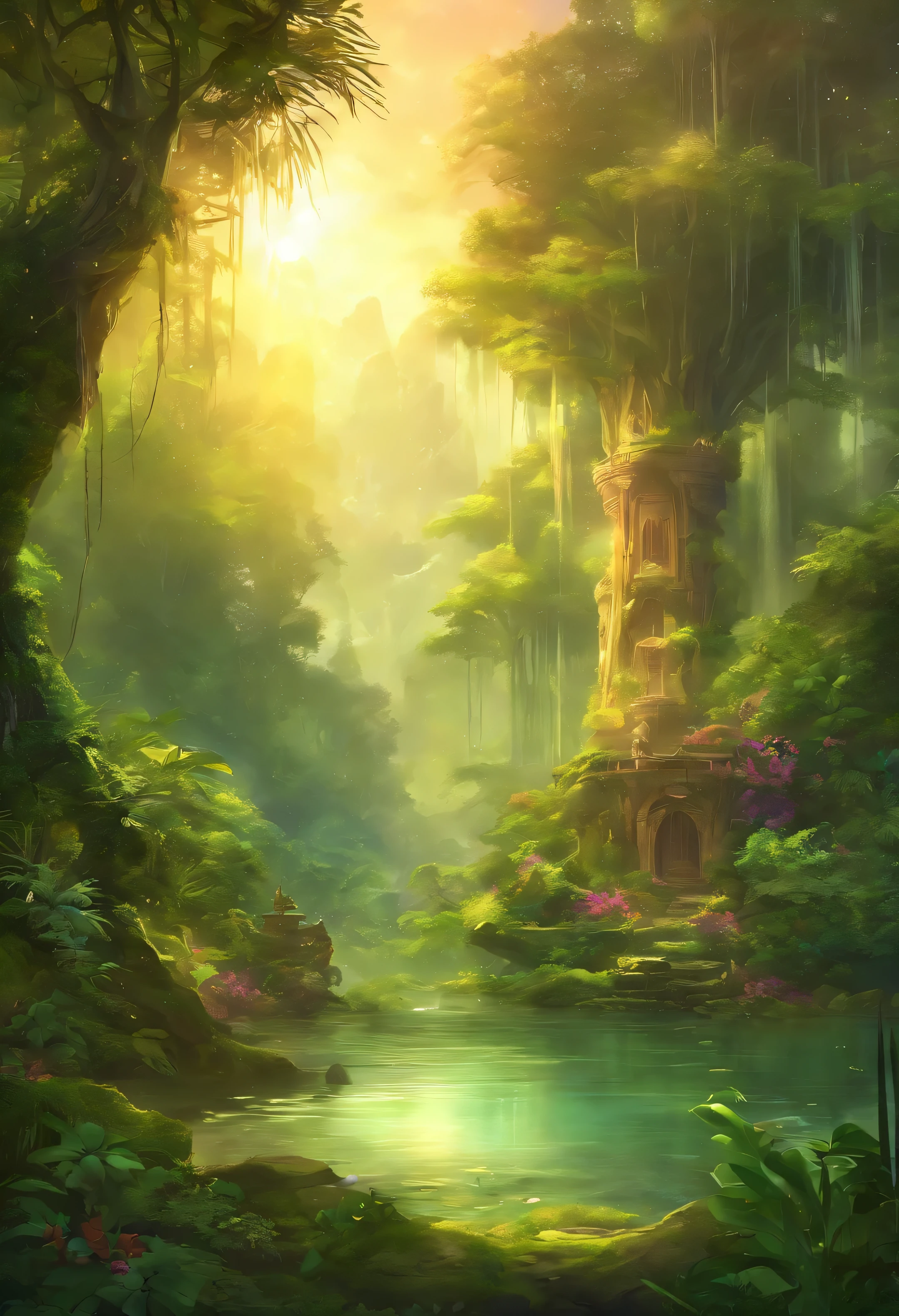 anime jungle, beautiful lush, tropical forest, sunlight shafts, serene pond, (best quality,4k,8k, highest, masterpiece:1.2), ultra-detailed, (realistic, photorealistic, photo-realistic:1.37), vibrant colors, warm lighting, detailed foliage, tranquil atmosphere, serene nature scene, peaceful ambience