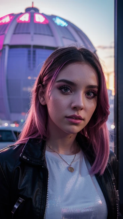 Una chica con el rostro de Ava max, estilo synthwave, con un fondo de una Ciudad futuristas