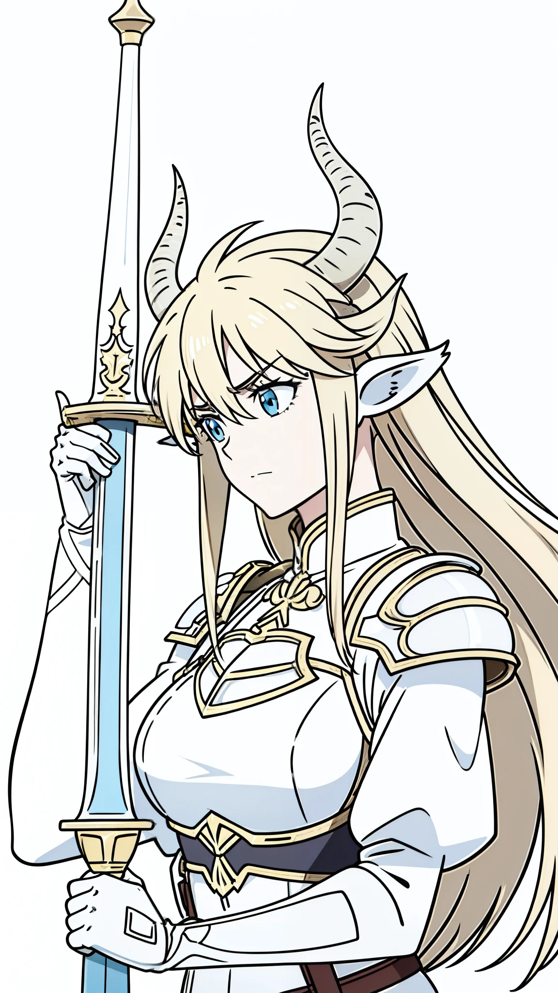 1girl,20 years old,solo,(white background,line drawing),long hair,light blond hair,horns,gold knight armor,cow ears,serious,perfil,upper body,holding a sword