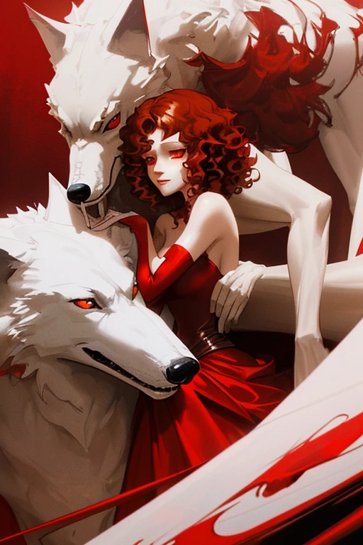 Beautiful woman in fantasy dress hugging a white wolf with red eyes((Woman medium short curly loose brown hair, carmine eyes)). Red fantasy effect. Surreal 8k, dark fantasy, vibrant
