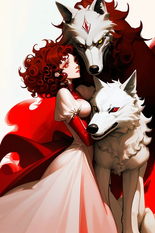 Beautiful woman in fantasy dress hugging a white wolf with red eyes((Woman medium short curly loose brown hair, carmine eyes)). Red fantasy effect. Surreal 8k, dark fantasy, vibrant