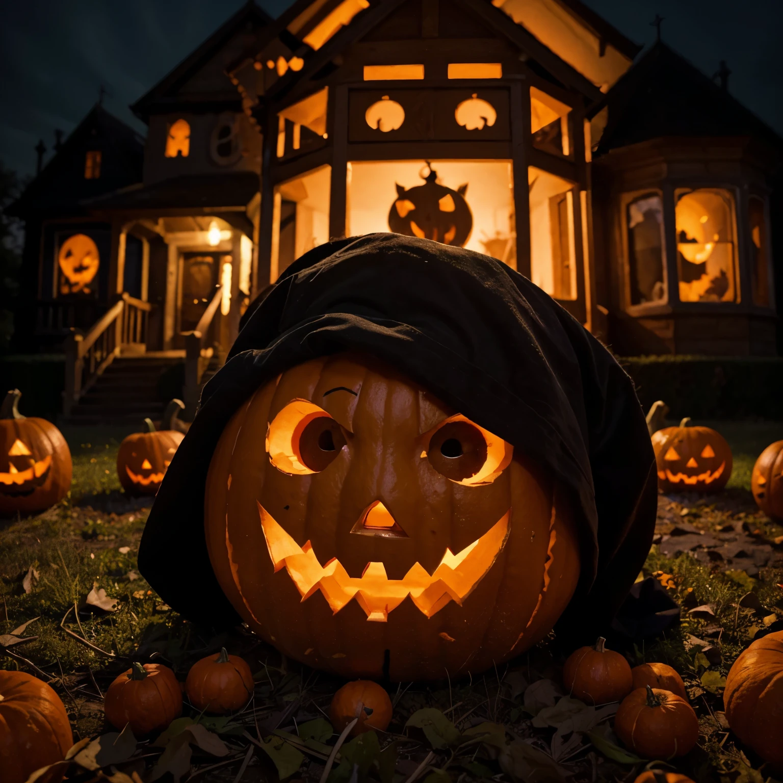 a cute halloween pumpkin, halloween pumpkin with a happy face, a colorful halloween scene, a spooky haunted house, a group of trick or treating kids in halloween costumes, (best quality,4k,8k,highres,masterpiece:1.2),ultra-detailed,(realistic,photorealistic,photo-realistic:1.37),vibrant colors,whimsical,playful,fantastical,magical,spooky,haunting,horror,halloween,pumpkins,jack-o-lanterns,trick or treat,haunted house,children,costumes