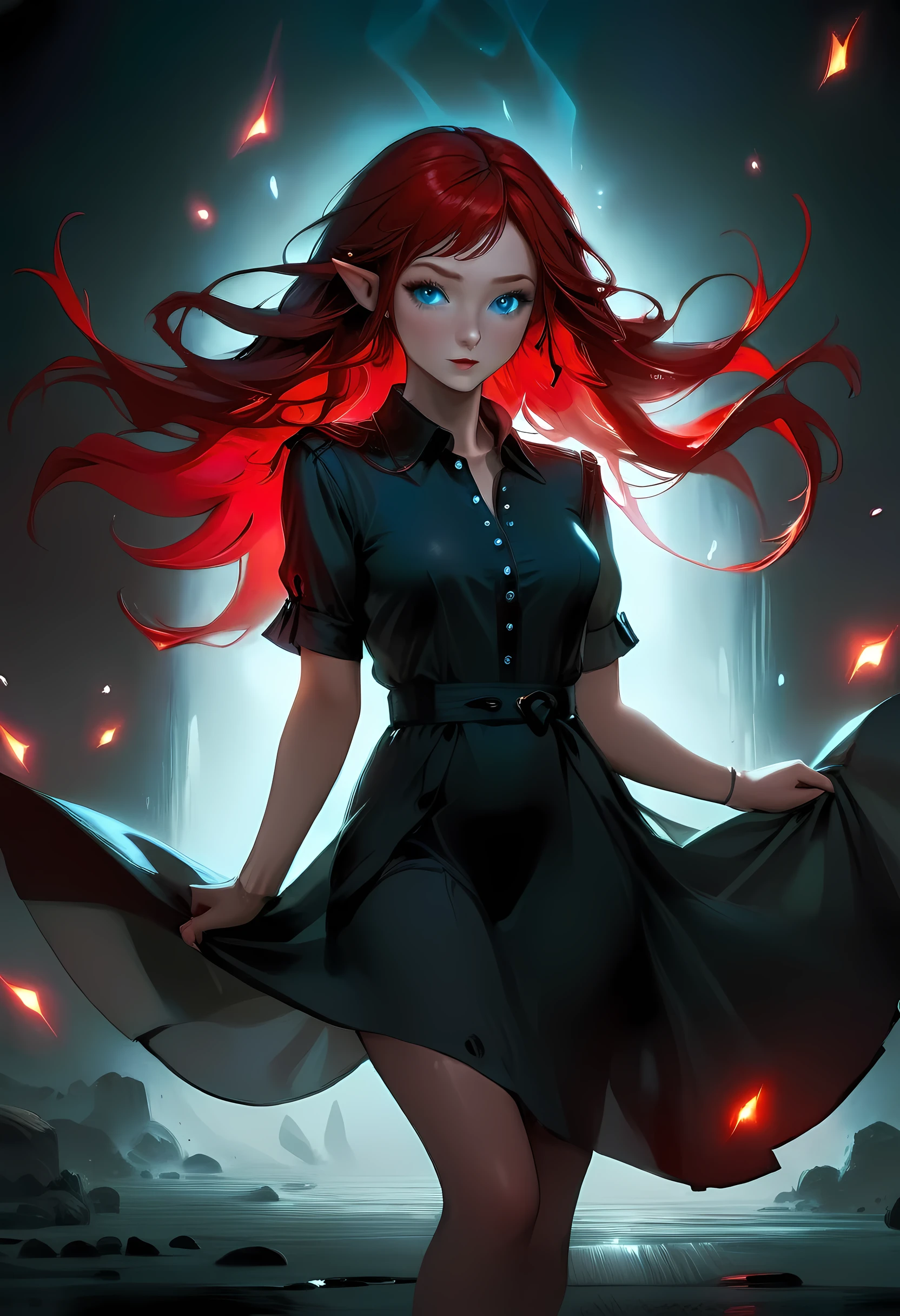 high details, best quality, 16k, [ultra detailed], masterpiece, best quality, (extremely detailed), full body, ultra wide shot, photorealistic, fantasy noir art, a beautiful female elf, mysterious. dark noir film, glam photoshoot, she has (red: 1.) hair, long hair, (blue: 1.4) eyes, she wears white buttons shirt, dynamic color dress, she is has magical aura,  , high details, best quality, highres, ultra wide angle, GlowingRunesAI_red