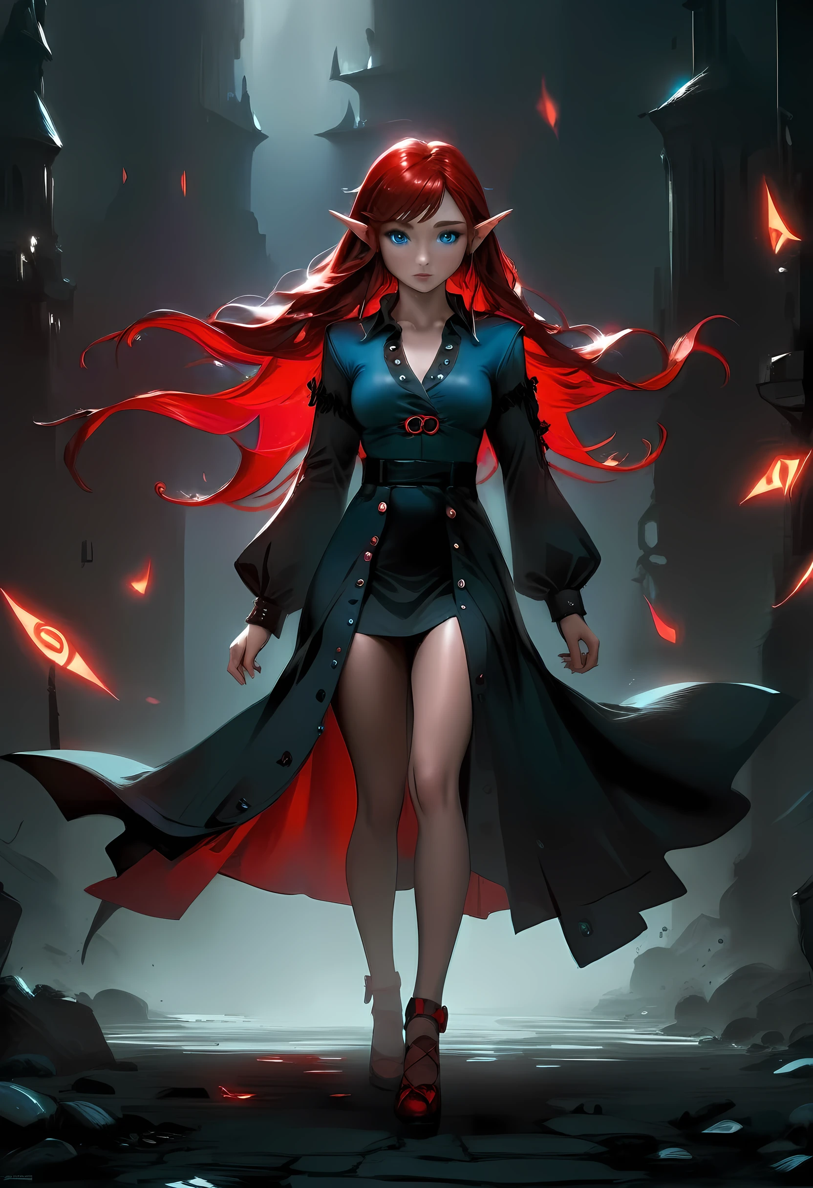 high details, best quality, 16k, [ultra detailed], masterpiece, best quality, (extremely detailed), full body, ultra wide shot, photorealistic, fantasy noir art, a beautiful female elf, mysterious. dark noir film, glam photoshoot, she has (red: 1.) hair, long hair, (blue: 1.4) eyes, she wears white buttons shirt, dynamic color dress, she is has magical aura,  , high details, best quality, highres, ultra wide angle, GlowingRunesAI_red