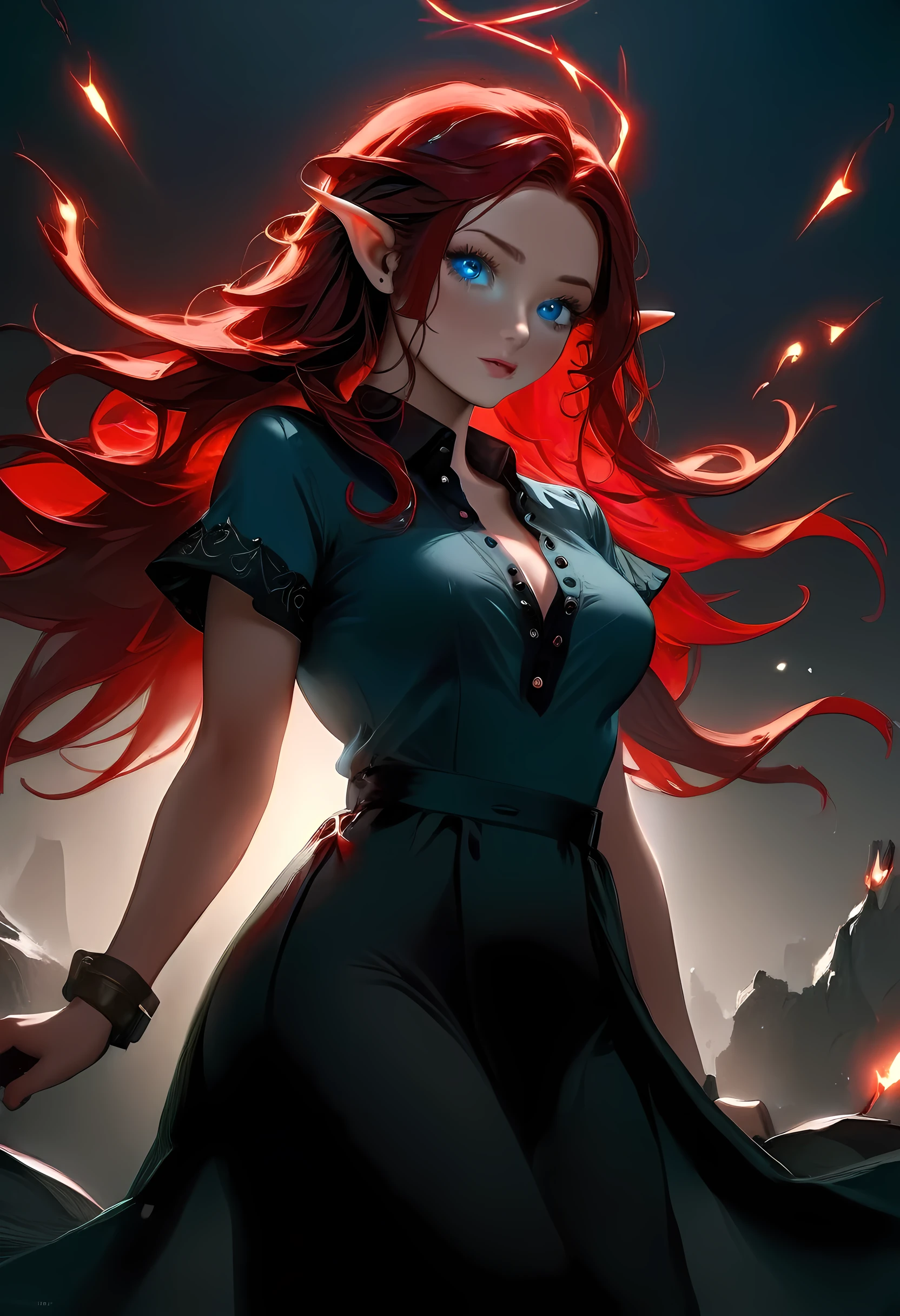 high details, best quality, 16k, [ultra detailed], masterpiece, best quality, (extremely detailed), full body, ultra wide shot, photorealistic, fantasy noir art, a beautiful female elf, mysterious. dark noir film, glam photoshoot, she has (red: 1.) hair, long hair, (blue: 1.4) eyes, she wears white buttons shirt, dynamic color dress, she is has magical aura,  , high details, best quality, highres, ultra wide angle, GlowingRunesAI_red