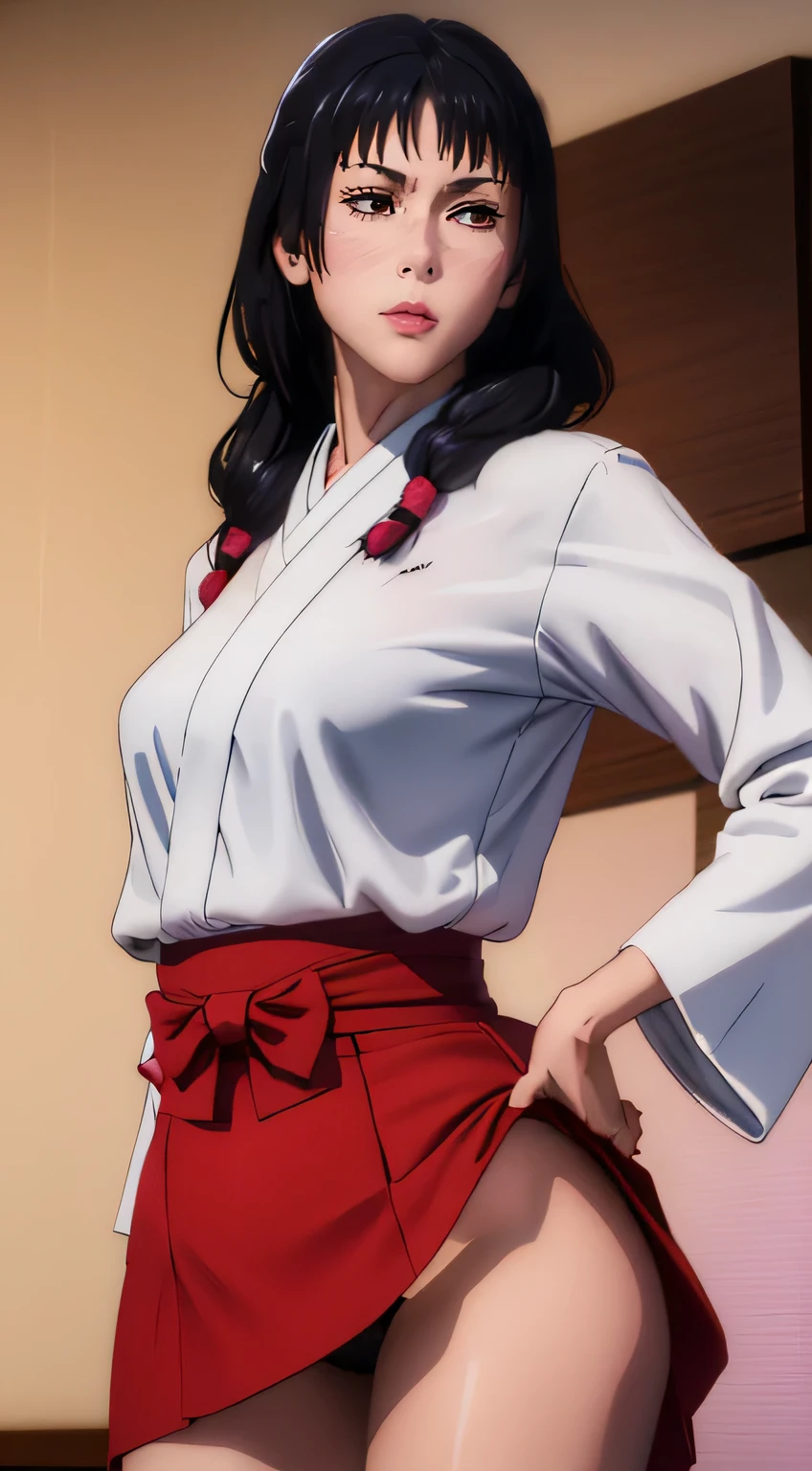 (best quality:1.3), (4k quality),(sharp image), Utahime, ((Detailed face)), ((masterpiece face)),((perfect detailed eyes)) (blush), Utahime, dark hair, long dark tied hair, brown eyes, pink lips, pink lips, sly face, face with stern features, ((detailed face)), perfect face, highly detailed eyes, masterpiece, absurdres , (intricate details), (colorful),cinematic lighting, extremely detailed CG unity 8k wallpaper , 1girl, solo, mature female, erected tits, fit body, cameltoe, white kimono with long red skirt, (tricky glance, wicked smile), living room, ((perfect small erected breast)), ((standing in seductive pose and showing her big sexy ass, under the skirt(upskirt))), from behind bottom