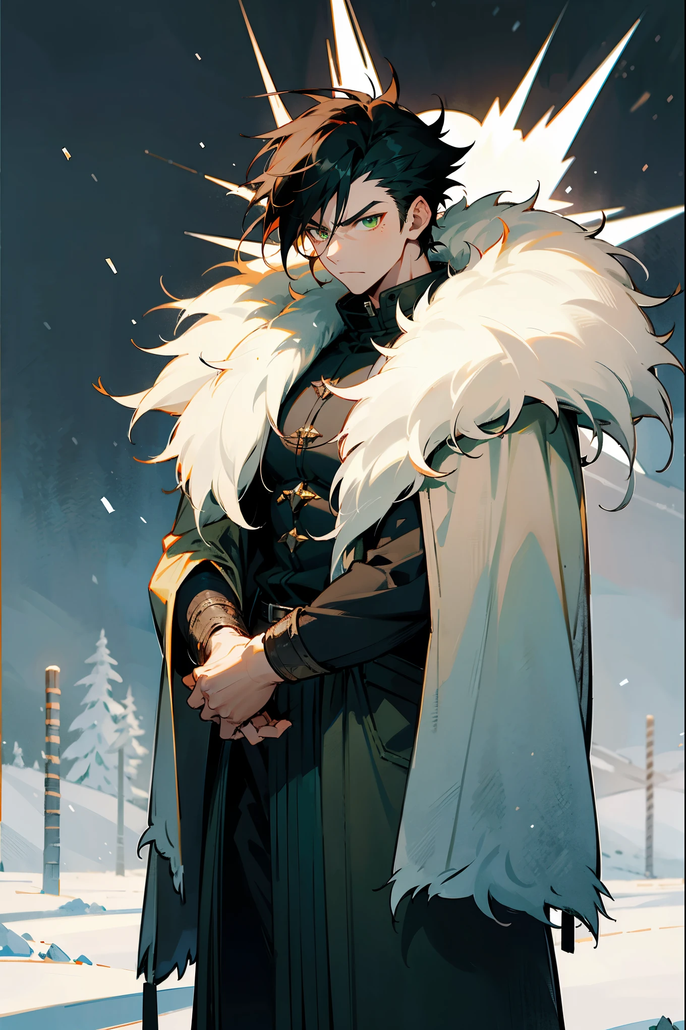 1male , Black Hair , Spiky Hair , Green Eyes , Standing on path in a snowy tundra , Combat Clothing , Chief’s Coat , Fur Coat , Serious Expression , Muscular , Adult