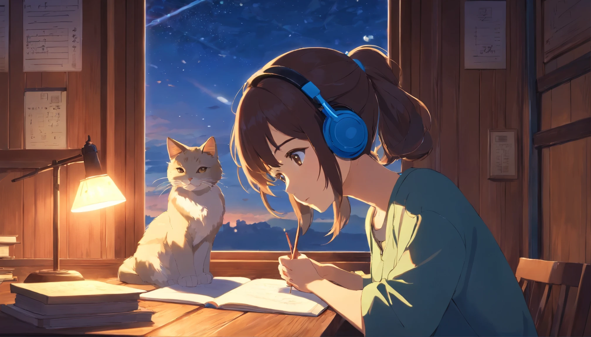 Japanese anime style。Beautiful Japanese girl studying in a wooden room。Wearing headphones。Warm lighting。Outside the window is the night sky。There is a cat。The cat is looking out the window。