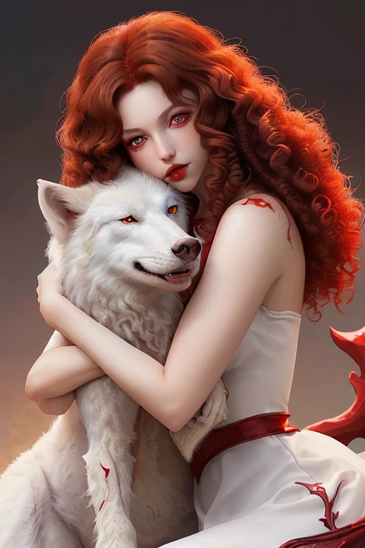 Beautiful woman in fantasy dress hugging a white wolf with red eyes((Woman medium short curly loose brown hair, carmine eyes)). Red fantasy effect. Surreal 8k, dark fantasy, vibrant