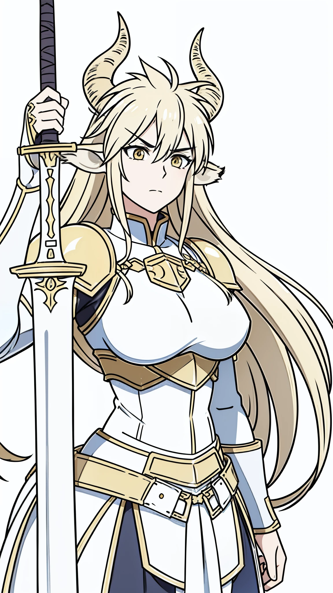 1girl,20 years old,solo,(white background,line drawing),long hair,light blond hair,horns,gold knight armor,cow ears,serious,perfil,upper body,holding a sword