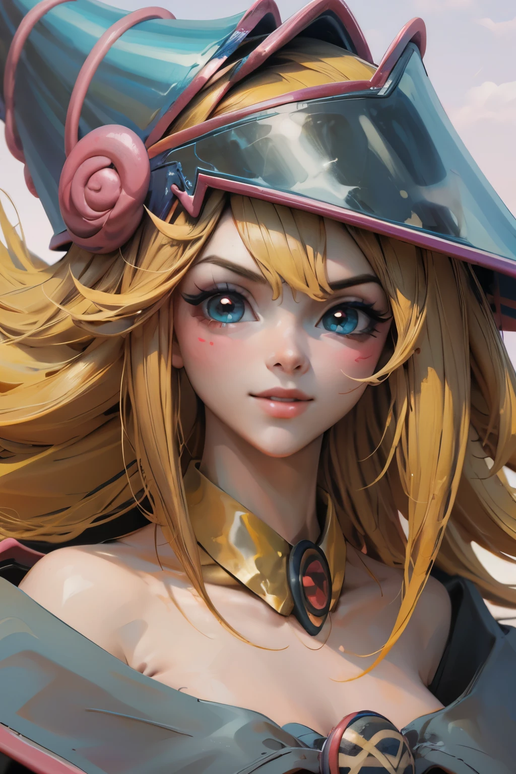 Hermoso rostro de dark magician gils, ojos azules. Labios rosados. Cabello rubio y largo. Ombros descubiertos, sonrisa angelical, hermoso rostro bien detallados de dark magician gils.