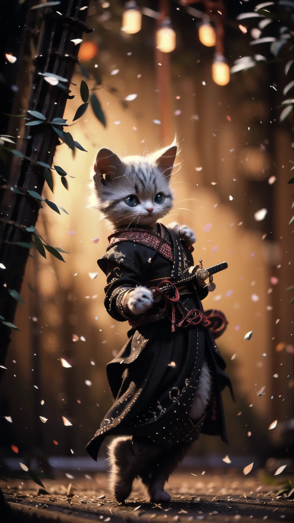 highest quality, masterpiece, Ultra-high resolution, RAW Photos, beautifully、aesthetic,Deep Shadow, Dark Theme,(Realistic:1.4), ((Soft lighting, Dim Light, Dark Scene, night):1.4)
White kitten, Hanfu, Holding a sword, Cyberpunk City, Neon Light, 
Graceful posture, An inspiring atmosphere, A magnetic being, Sophisticated Seduction, Fascinating Mystery,
Intricate Zentangle Patterns, One Woman, Incredible level of detail, generously given, Impressive viewpoint, a chaotic masterpiece, Elegantly poised, Vibrant color palette, ((Outdoor)), Inspired by futuristic architecture