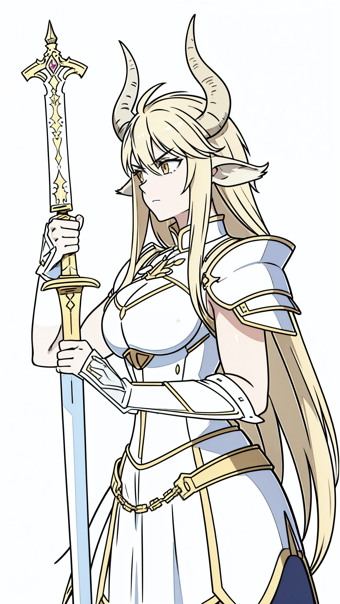 1girl,20 years old,solo,(white background,line drawing),long hair,light blond hair,horns,gold knight armor,cow ears,serious,perfil,upper body,holding a sword