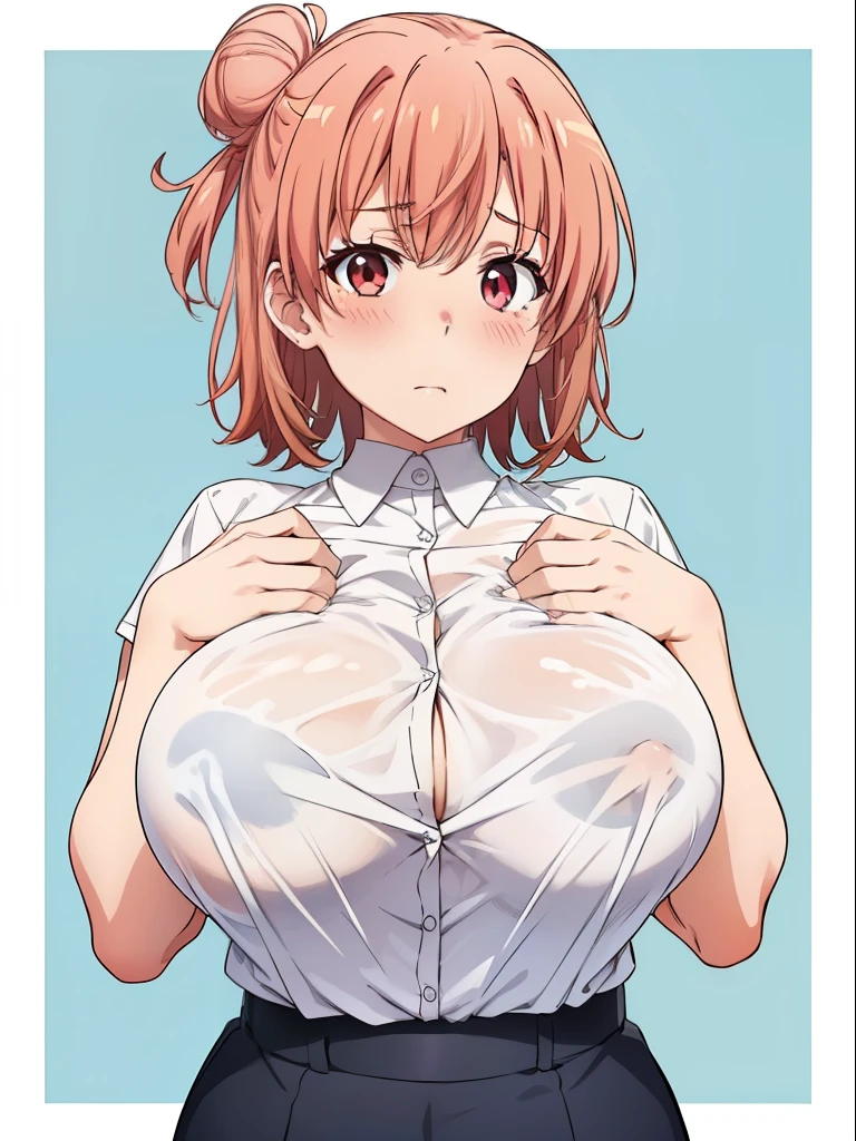 ((highest quality, High resolution, Pixel perfect, Depth of the written border, 4K)), 1 girl, (Beautiful Anime Girls), Written boundary depth,
close, Observe the audience,
Perfect body,
yuigahama yui, short hair, Single hair bun,
(blush, shy:1.2),
White shirt, (Breast compression, Huge breasts),
Focus on the chest, Upper Body, on the chest,Nipples are see-through from a white shirt,Large areola,The nipples are beautiful cylinders,