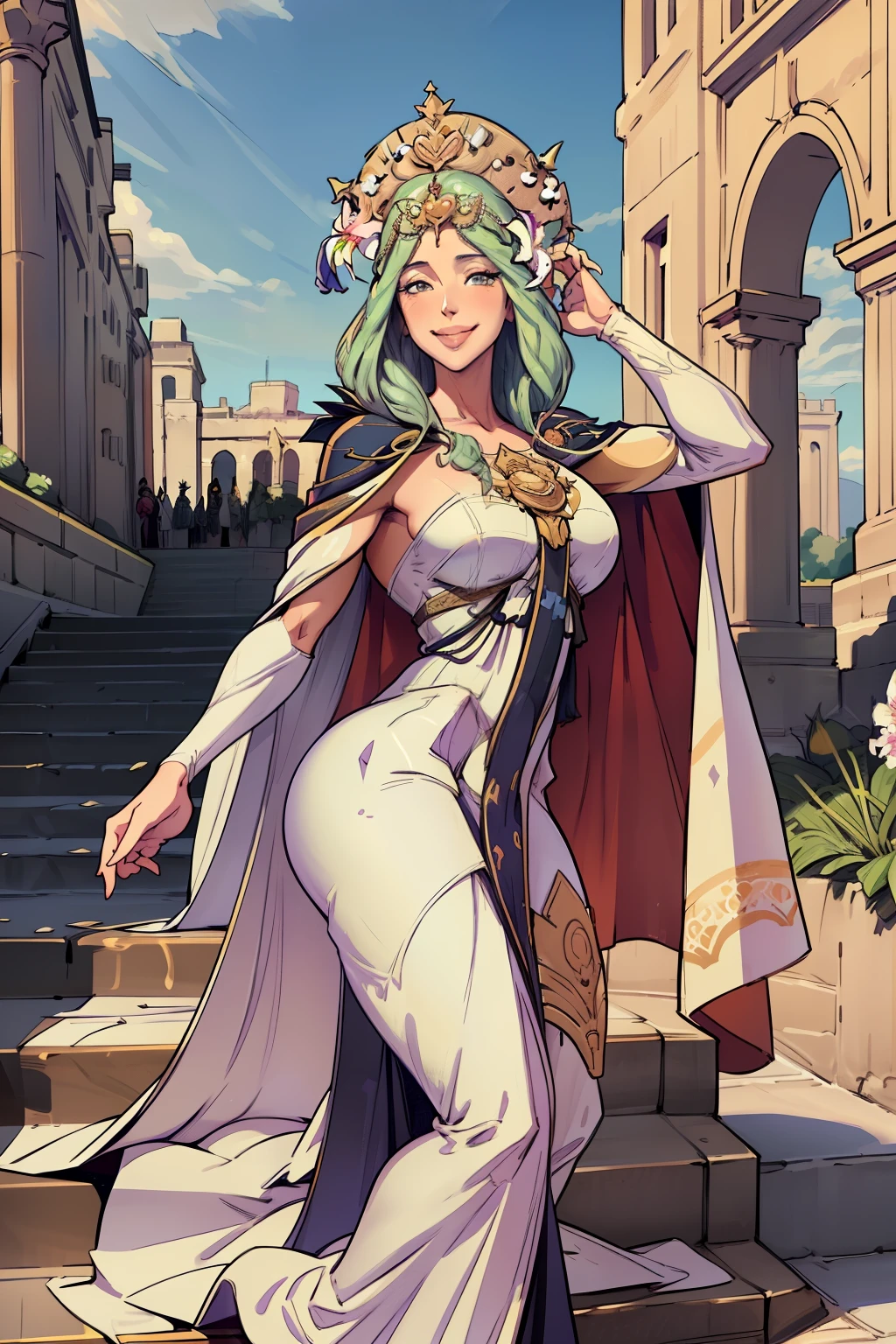 masterpiece, best quality, defRhea, headdress, hair flower, tiara, cape, long white dress, upper body, looking at viewer, smile, marble arch, bannisters, white stone architecture, sky 