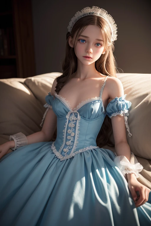 the doll looks like a real girl, body joints are visible. , maid dress, shirtless, with blue eyes, flat cheast, body, photorealistic,extremely detailed face and eyes, highly detailed, intricate details, masterpiece,cinematic lighting,vibrant colors,dramatic lighting,elegant composition,realistic textures,beautiful background