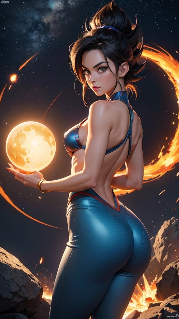 Vegeta in sexy woman version, dragon ball, cuerpo muy delgado, skinny body, small and beautiful breasts, small and beautiful buttocks, aemadura saiyajin antigua clasica nuy sexy, provocativa, perversa, obsena, cabello radiante, en fondo se observan planetas destruidos, espacio, poderosa, light particles, light energy, Energy ball, aura de energia brillante, intricate details, vibrant colors, dramatic lighting, cinematic composition, photorealistic, award winning illustration, masterpiece