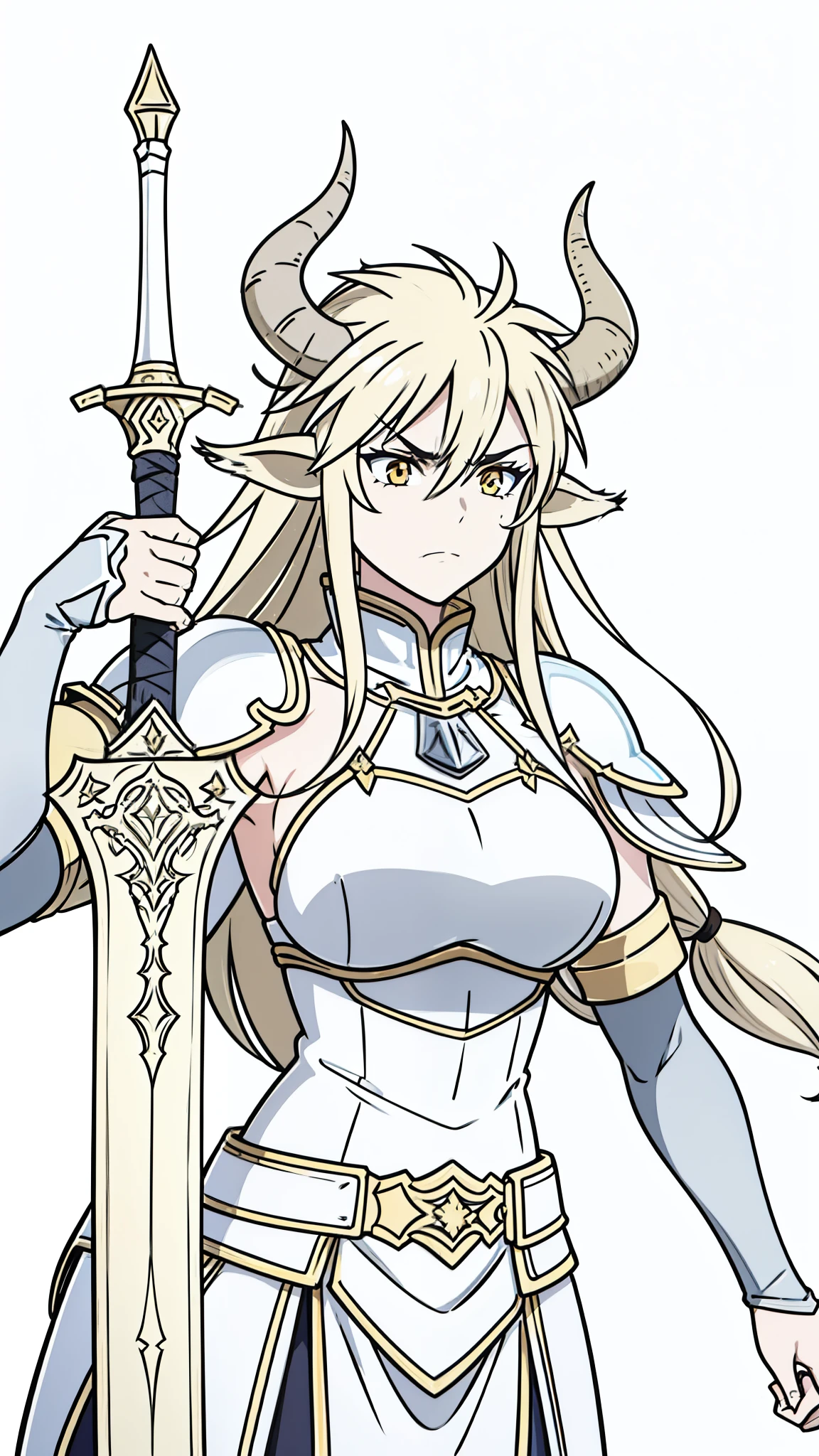 1girl,20 years old,solo,(white background,line drawing),long hair,light blond hair,horns,gold knight armor,cow ears,angry,perfil,upper body,holding a sword