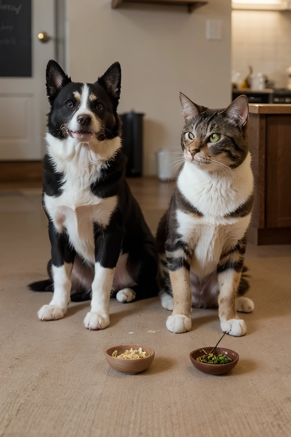 a dog and a cat looking happily at bowls of natural food and bowls of food, as if they were unsure of which one to choose.