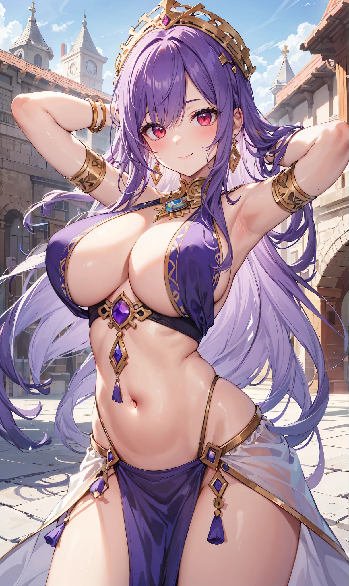 high quality, ultra detailed, best quality, insanely detailed, beautiful, masterpiece, 1girl, medieval plaza, cowboy shot, red eyes, long hair, purple hair, belly dancer, circlet, earrings, armlets, bracelets, bashful smile, large breasts, cleavage, soft stomach