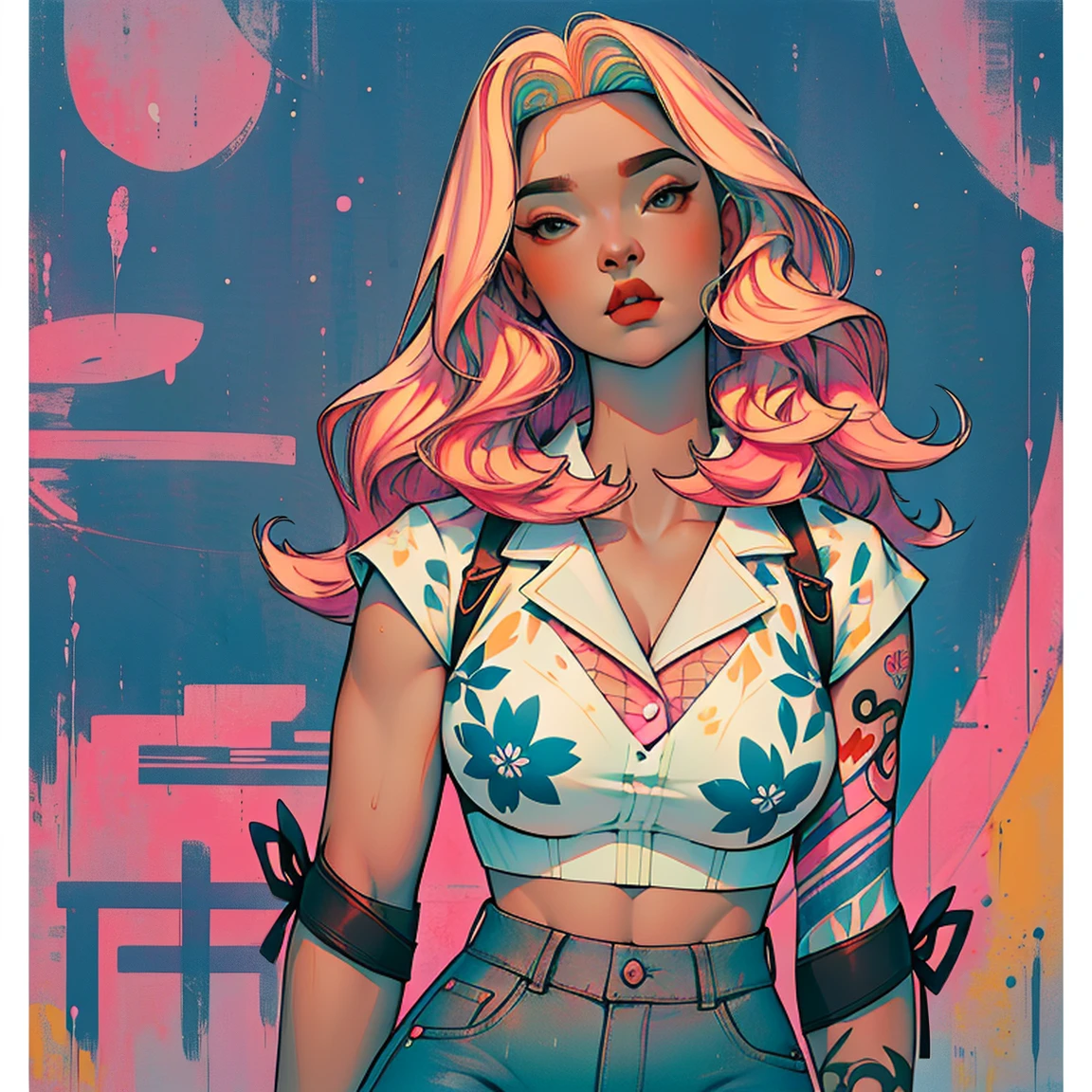 Background, In chic boho style, in a café, Ice cream print, multi-colored neon lights, neon garlands, Pink lavender mint hair, mixed-language_SMS, Japanese graffiti, (beautiful and clear background:1.2),, fantastic paintings ,graffit style, olhos altamente detalhados , Underwear, lace, latex, blonde girl, Cat Print, tattoo, Loving, Love, ultra detailed hair, Masterpiece, Best Quality, hig quality, high-resolution, detail enhancement, ((most beautiful image in the world)), Masterpiece, Best Quality, hig quality, high-resolution, detail enhancement, ((most beautiful image ), Shiny pink degrade hair, ultra short fitted Stampa Flores, Rollers, tights in a mesh, Short denim shorts, art by stjepan sejic, art by j scott campbell, art by guillem march, art by citemer liu, 4k, high-resolution, comic book character, comic, high quality detailed, style of ::2.0 comix illustration style,tatoon style, hig quality, high-resolution, detail enhancement, 8K, HD, Best Quality, hig quality, high-resolution, detail enhancement, 8K, HDR, Sharp focus, Ultra Detailed, Perfect lighting, Curvy Body, Lush breasts, Curvy hips