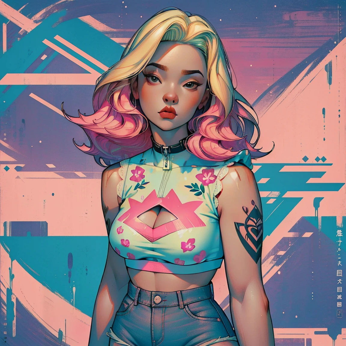 Background, In chic boho style, in a café, Ice cream print, multi-colored neon lights, neon garlands, Pink lavender mint hair, mixed-language_SMS, Japanese graffiti, (beautiful and clear background:1.2),, fantastic paintings ,graffit style, olhos altamente detalhados , Underwear, lace, latex, blonde girl, Cat Print, tattoo, Loving, Love, ultra detailed hair, Masterpiece, Best Quality, hig quality, high-resolution, detail enhancement, ((most beautiful image in the world)), Masterpiece, Best Quality, hig quality, high-resolution, detail enhancement, ((most beautiful image ), Shiny pink degrade hair, ultra short fitted Stampa Flores, Rollers,  tights in a mesh, Short denim shorts,  art by stjepan sejic, art by j scott campbell, art by guillem march, art by citemer liu, 4k, high-resolution, comic book character, comic, high quality detailed,   style of ::2.0 comix illustration style,tatoon style, hig quality, high-resolution, detail enhancement, 8K, HD, Best Quality, hig quality, high-resolution, detail enhancement, 8K, HDR, Sharp focus, Ultra Detailed, Perfect lighting, Curvy Body, Lush breasts, Curvy hips