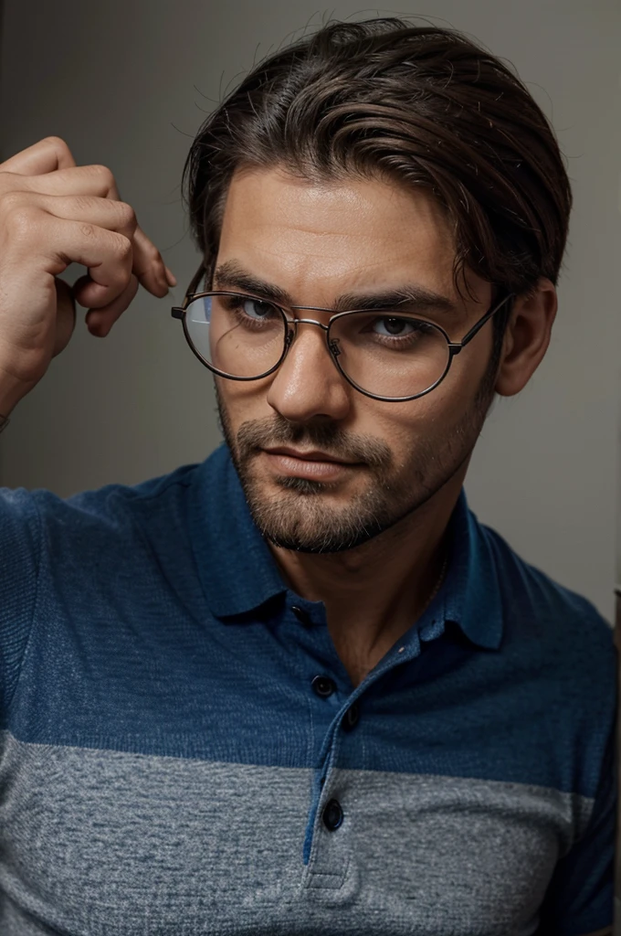 Homem alto de cabelos loiros, barba loira, forte, oculos, sueter azul e uma camisa polo por baixo