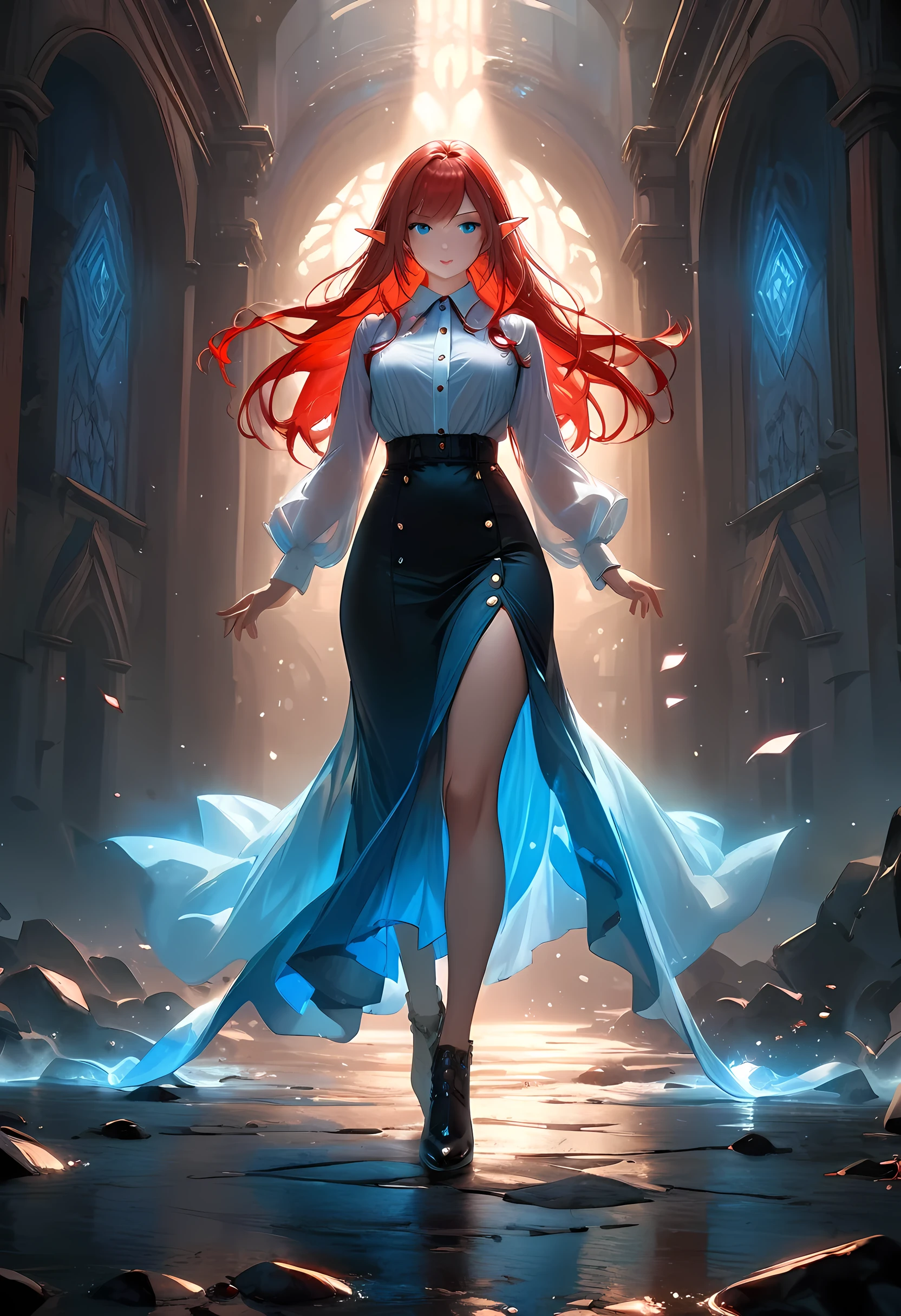 high details, best quality, 16k, [ultra detailed], masterpiece, best quality, (extremely detailed), full body, ultra wide shot, photorealistic, fantasy noir art, a beautiful female elf, mysterious. dark noir film, glam photoshoot, she has (red: 1.) hair, long hair, (blue: 1.4) eyes, she wears white buttons shirt, dynamic color dress, she is has magical aura,  , high details, best quality, highres, ultra wide angle, GlowingRunesAI_red