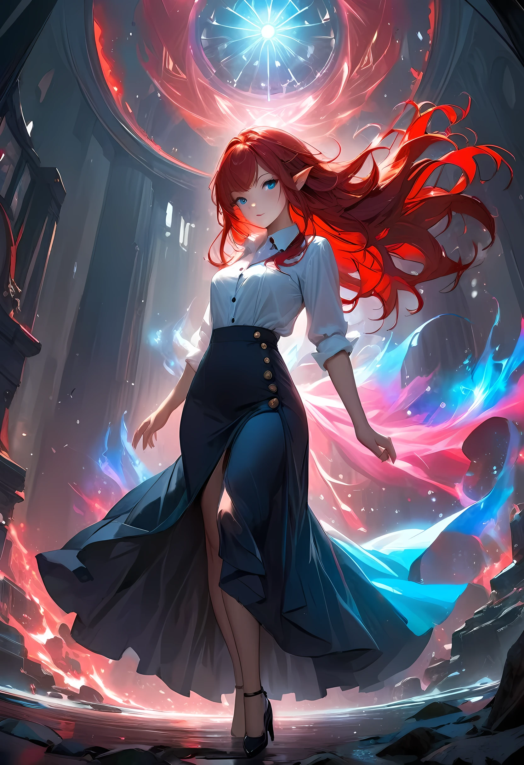 high details, best quality, 16k, [ultra detailed], masterpiece, best quality, (extremely detailed), full body, ultra wide shot, photorealistic, fantasy noir art, a beautiful female elf, mysterious. dark noir film, glam photoshoot, she has (red: 1.) hair, long hair, (blue: 1.4) eyes, she wears white buttons shirt, dynamic color dress, she is has magical aura,  , high details, best quality, highres, ultra wide angle, GlowingRunesAI_red