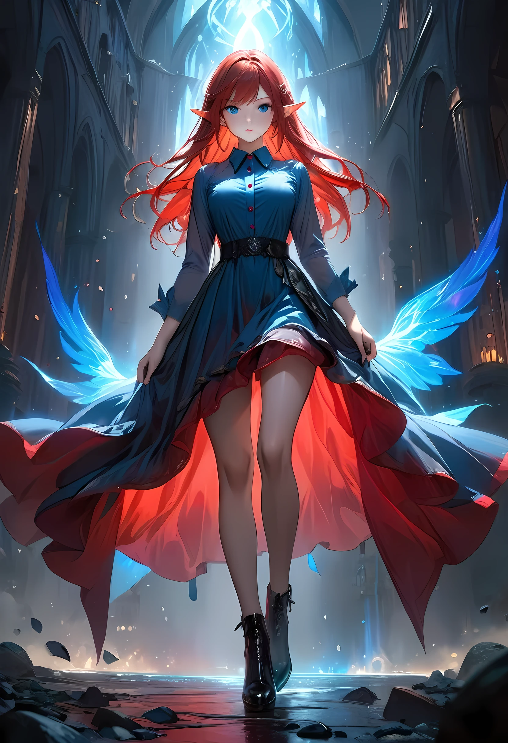 high details, best quality, 16k, [ultra detailed], masterpiece, best quality, (extremely detailed), full body, ultra wide shot, photorealistic, fantasy noir art, a beautiful female elf, mysterious. dark noir film, glam photoshoot, she has (red: 1.) hair, long hair, (blue: 1.4) eyes, she wears white buttons shirt, dynamic color dress, she is has magical aura,  , high details, best quality, highres, ultra wide angle, GlowingRunesAI_red