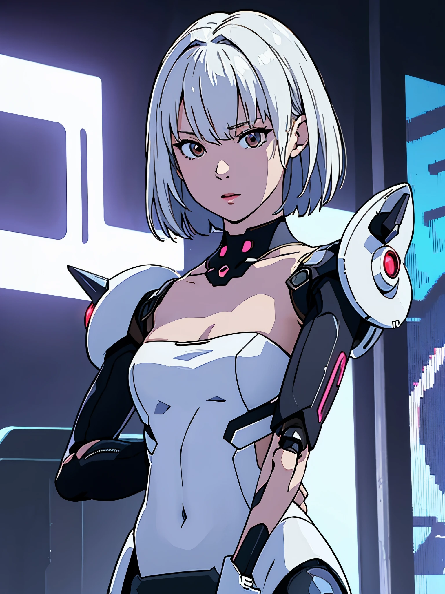 digital art drawing, illustration of (Winter from k-pop group aespa, short white hair with bangs, brown eyes, flat chest, topless, nude, exposed breasts, cyborg girl, android, metal robotic arms, evil look, neon details, cyberpunk 2077), anime drawing/art, bold linework, illustration, digital art, masterpiece, flat illustration, no shadows, 8k resolution, high detail, vector art, only anime, perfect eyes, perfect hands, perfect fingers, sharpness, high clarity, medium shot, high fidelity
