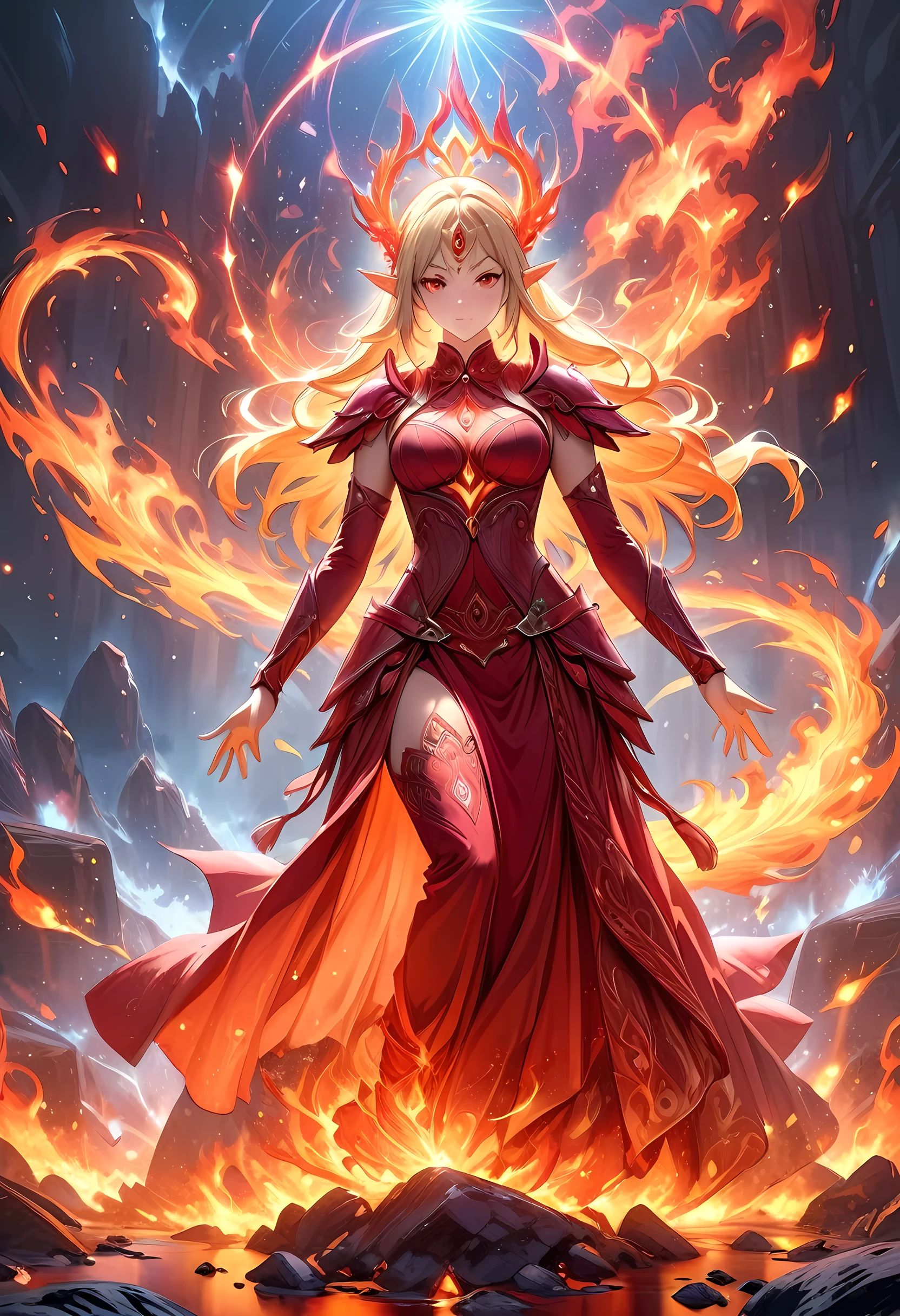 high details, best quality, 16k, [ultra detailed], masterpiece, best quality, (extremely detailed), full body, ultra wide shot, photorealistic, fantasy art, dnd art, rpg art, realistic art, an ultra wide picture of a female elf (intricate details, Masterpiece, best quality: 1.5) goddess of fire  ((fiery radiant aura)), controlling a swirling red fire, fiery red radiant magic (1.5 intricate details, Masterpiece, best quality), manipulating purple radiant magical symbols, [[divine symbols]] (intricate details, Masterpiece, best quality: 1.5), elf female, blond hair, long hair, hair with aura, with red radiant eyes, intense eyes, ((radiant eyes)), (( red glowing eyes)), dynamic clothing, fantasy volcano back ground, stresms of lava,  celestial  background, ((divine worship atmosphere)), high details, best quality, highres, ultra wide angle, faize, GlowingRunesAI_red

