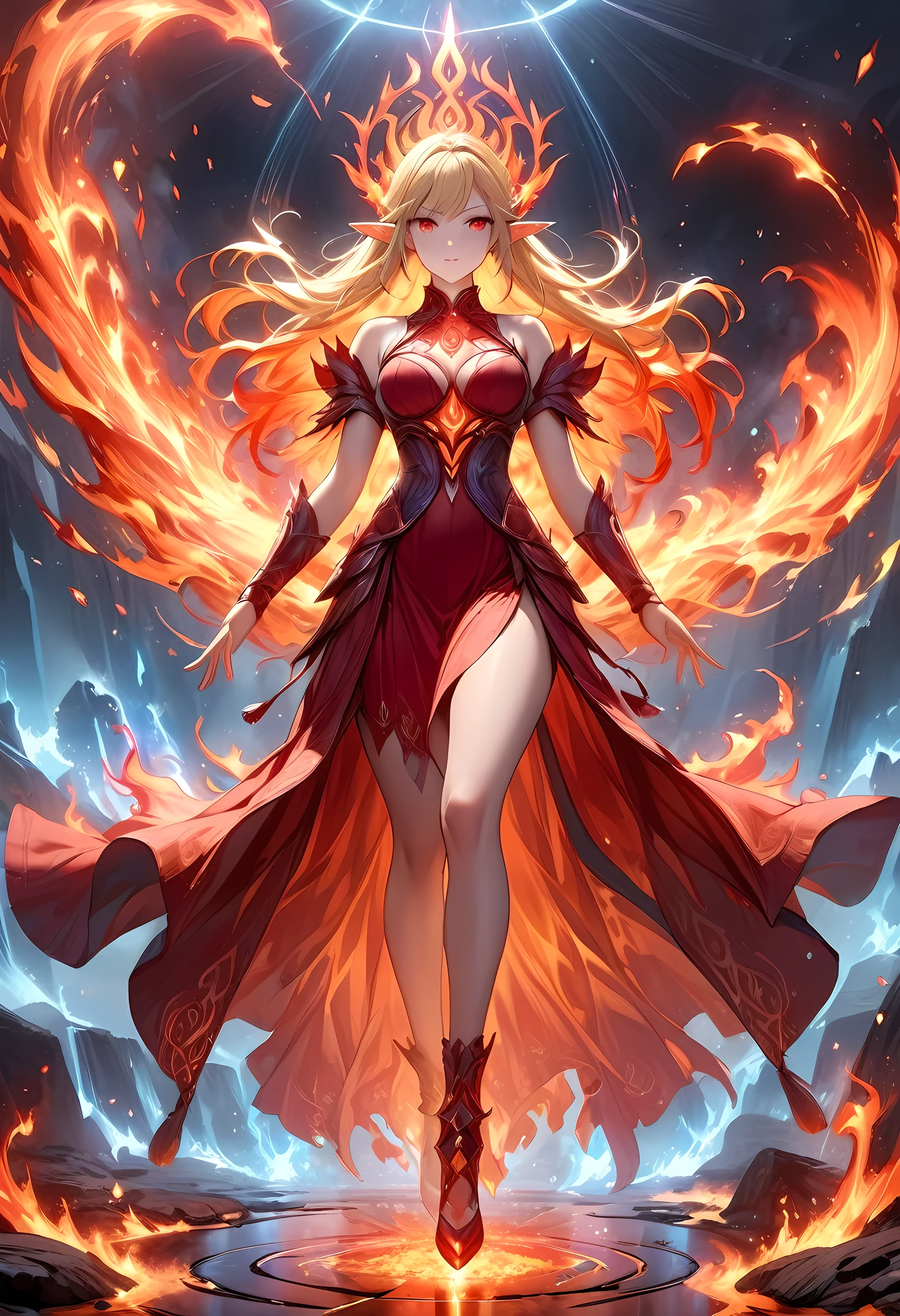 high details, best quality, 16k, [ultra detailed], masterpiece, best quality, (extremely detailed), full body, ultra wide shot, photorealistic, fantasy art, dnd art, rpg art, realistic art, an ultra wide picture of a female elf (intricate details, Masterpiece, best quality: 1.5) goddess of fire  ((fiery radiant aura)), controlling a swirling red fire, fiery red radiant magic (1.5 intricate details, Masterpiece, best quality), manipulating purple radiant magical symbols, [[divine symbols]] (intricate details, Masterpiece, best quality: 1.5), elf female, blond hair, long hair, hair with aura, with red radiant eyes, intense eyes, ((radiant eyes)), (( red glowing eyes)), dynamic clothing, fantasy volcano back ground, stresms of lava,  celestial  background, ((divine worship atmosphere)), high details, best quality, highres, ultra wide angle, faize, GlowingRunesAI_red
