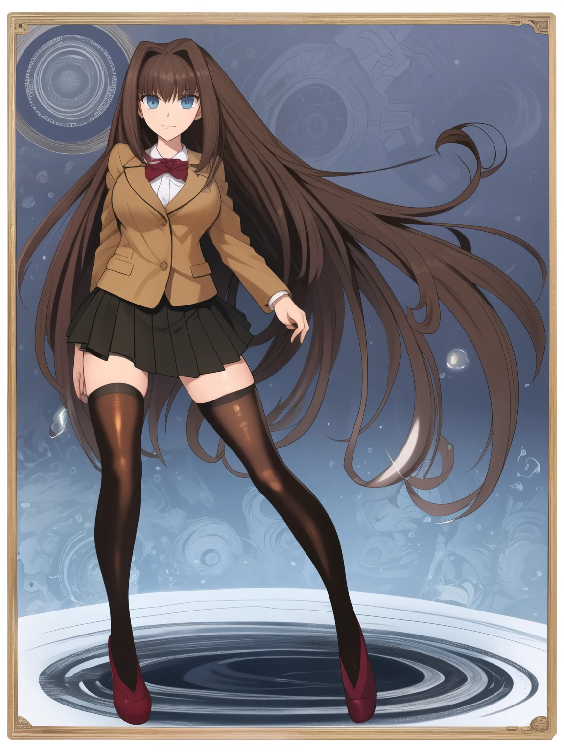 BREAK, blank background, white background, (EMPTY BACKGROUND), BREAK (masterpiece:1.2), best quality, high resolution, 8k, illustration, (beautiful detailed eyes:1.6), extremely detailed face, extremely detailed, CG, perfect hands, perfect anatomy, (((1girl))), (((solo))), (((bbaoko:1)), (((2 legs max:1.7))), (((2 feet max:1.6))), ((swirling vortex shaped longest brown hair:1.5)), (brown longest hair with slightly reddish undertone:1.6), (lush luscious longest brown hair:1.6), (very long voluminous longest brown hair:1.5), serious, blue eyes, red bowtie, (Form-fitting beige blazer:1.5), brown jacket, (highly detailed beautiful face:1.2), (white shirt:1), (well shaped large breasts:1.6), (nice hips:1), (((Umber pleated thigh-high skirt:1.6))), (((black bike shorts:1.4))), (2 nice visible thighs:1.6), (symmetrical thigh-high black colored stockings:1.6), (strap shoes brown color), (facing front:1.5), ((standing straight:1.5)), ((Fullbody in frame:1.6)), ((Full body:1.5))