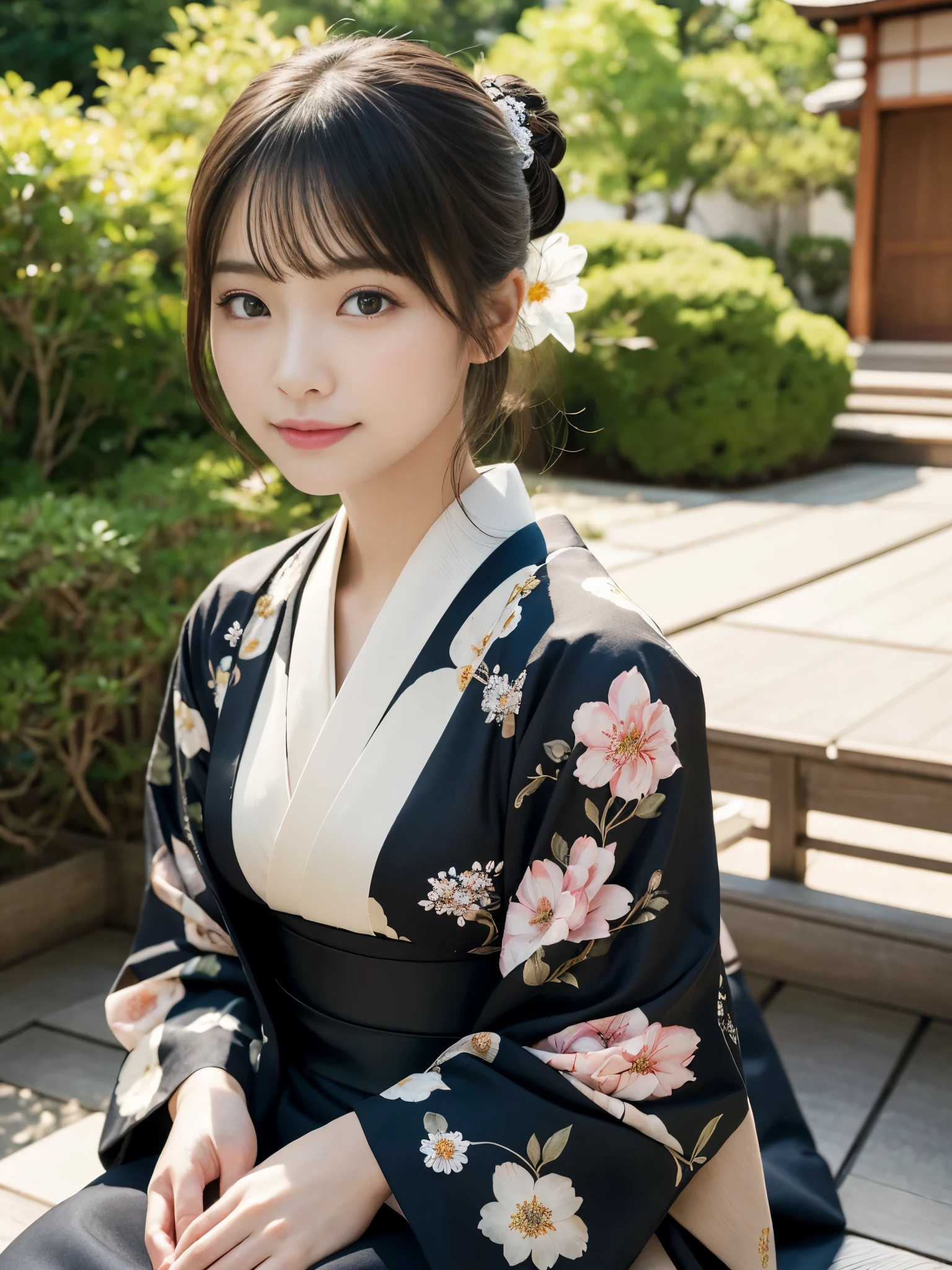 (Photorealsitic:1.4), (Top image quality:1.0), (超A high resolution:1.0), 8K, Raw photography, (masterpiece:0.2), (pureerosface_v1:0.5)、(Best Quality Detail:1.2)、realisitic、8K UHD、hight resolution、(1girl in:1.2)、The ultra-detailliert、High quality textures、intricate detailes、Exposed thighs、large full breasts、detaileds、Very detailed CG、High quality shadows、Detail Beautiful delicate face、Detail Beautiful delicate eyes、depth of fields、Ray traching,1girl in, japanaese girl, Cute, slender, Black kimono, Kimono with Japanese pattern,Floral scrunchie, Beautiful skin, Facing the front,Sit down, Sit upright and say thank you,Align your hands elegantly,Smile faintly The Land of Japan,Japanese garden,Luxury Japanese-style room, skyporn, Magic Hour, (Realistic:1.3), Finely detailed, quality, (masutepiece:1.2), (Photorealistic:1.2), (Best Quality), (Intricate details), Dramatic, Ray tracing, photograph, +Lola