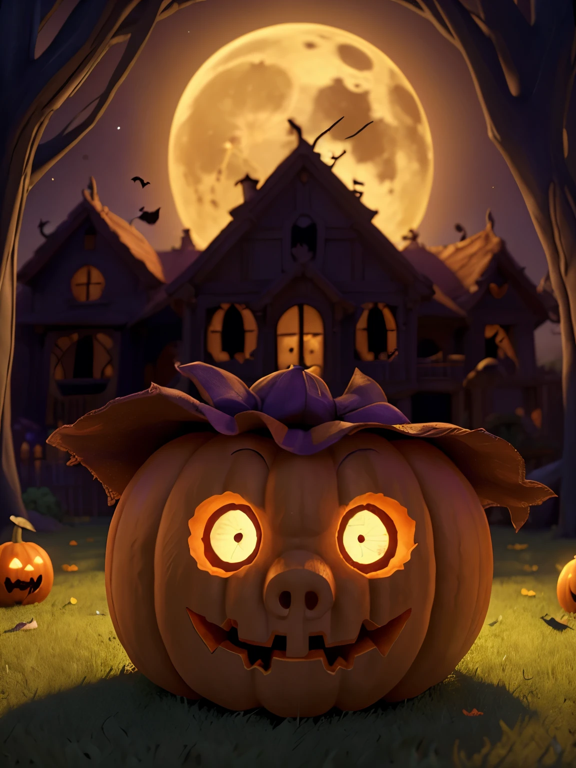 a spooky haunted house, pumpkins, bats flying, full moon, trick or treat, jack-o-lanterns, candy, halloween decorations, (best quality,4k,8k,highres,masterpiece:1.2),ultra-detailed,(realistic,photorealistic,photo-realistic:1.37),vibrant colors,chiaroscuro lighting,horror,cinematic
a group of children in Halloween costumes, jack-o-lanterns, trick or treat bags, candy, spooky forest background, full moon, cobweb, (best quality,4k,8k,highres,masterpiece:1.2),ultra-detailed,(realistic,photorealistic,photo-realistic:1.37),colorful,warm lighting,whimsical,magical
