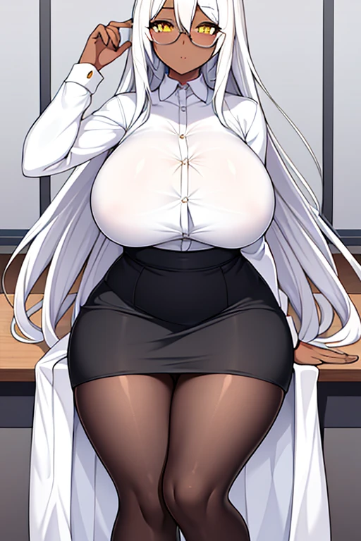 1girl, dark skin, white hair, long hair, yellow eyes, large breasts, wide hips, thick thighs, white shirt, button shirt, skirt, pencil skirt, pantyhose, teacher, classroom, glasses, mature female, hourglass figure, full body