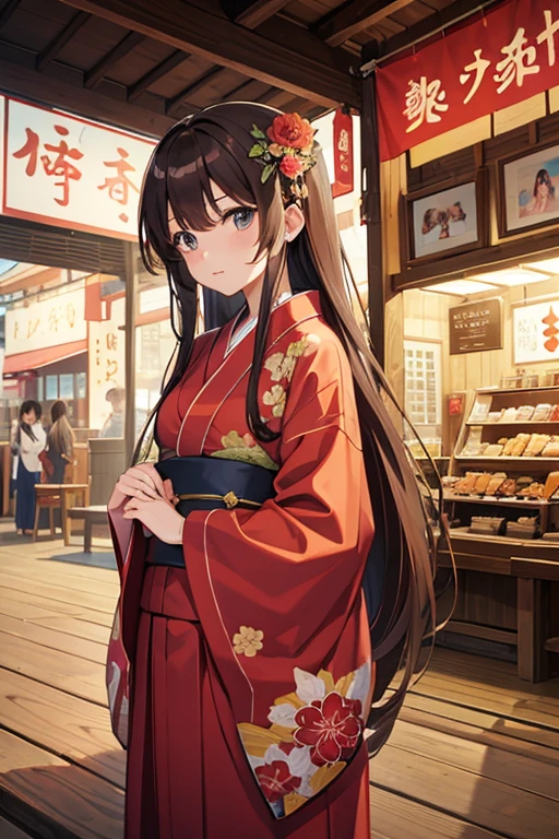 masterpiece, highest quality, High resolution,Anime Style、Brown Hair、Long Hair、female、yukata、stall