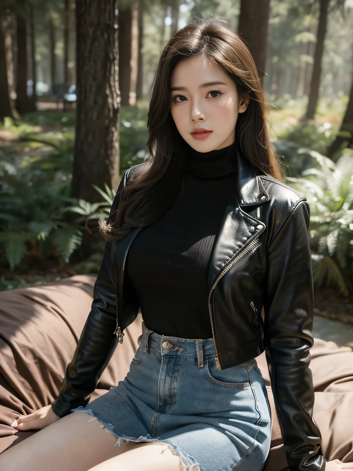 masterpiece, moody, noir, mature woman in forest, stockings, bright turtleneck, denim skirt, leather jacket, beautiful brunette hair, depraved, asian:0.5, bold makeup, blanket, muted colors, muffled light