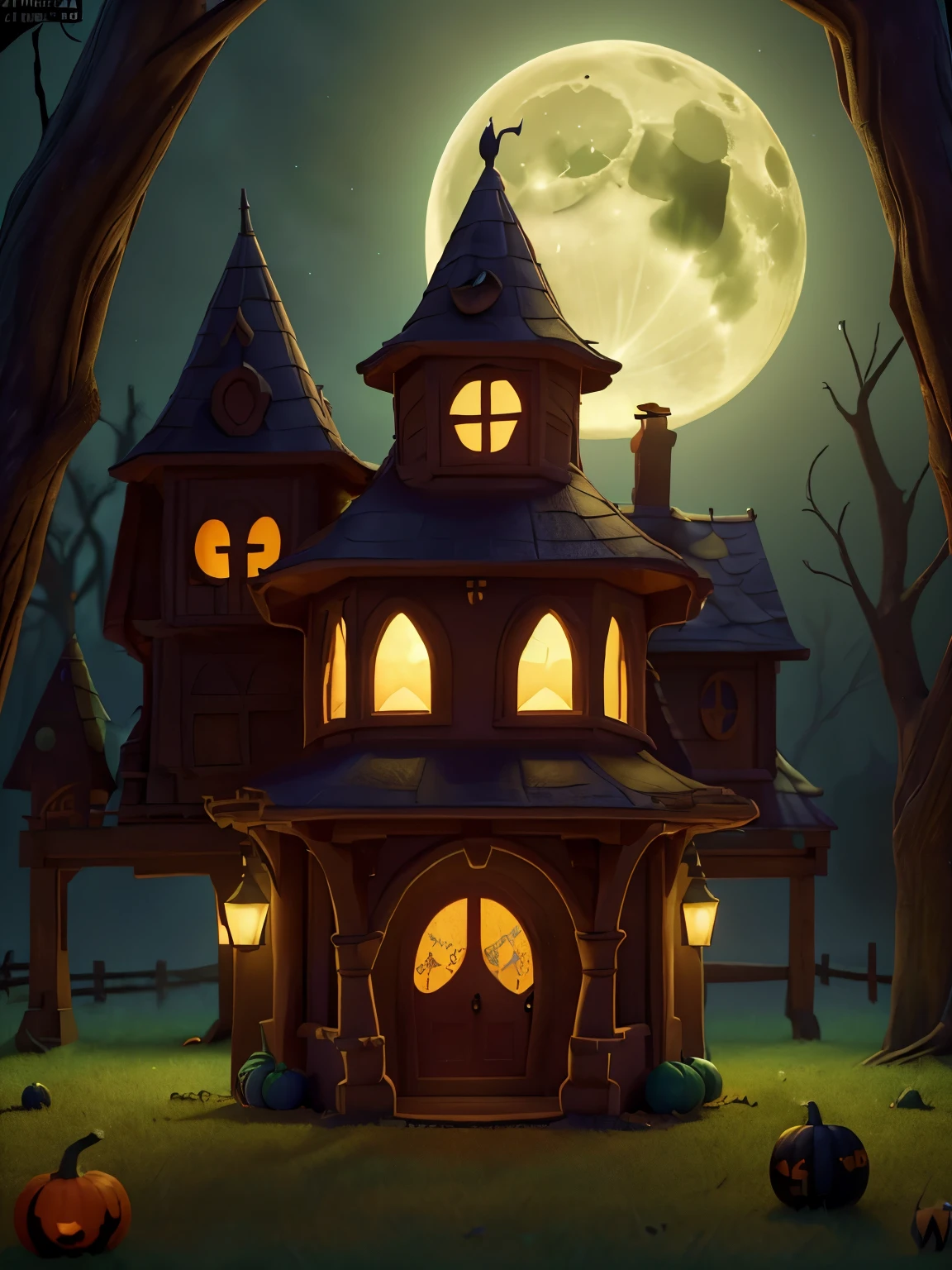 a spooky haunted house, pumpkins, bats flying, full moon, trick or treat, jack-o-lanterns, candy, halloween decorations, (best quality,4k,8k,highres,masterpiece:1.2),ultra-detailed,(realistic,photorealistic,photo-realistic:1.37),vibrant colors,chiaroscuro lighting,horror,cinematic

a group of children in Halloween costumes, jack-o-lanterns, trick or treat bags, candy, spooky forest background, full moon, cobweb, (best quality,4k,8k,highres,masterpiece:1.2),ultra-detailed,(realistic,photorealistic,photo-realistic:1.37),colorful,warm lighting,whimsical,magical