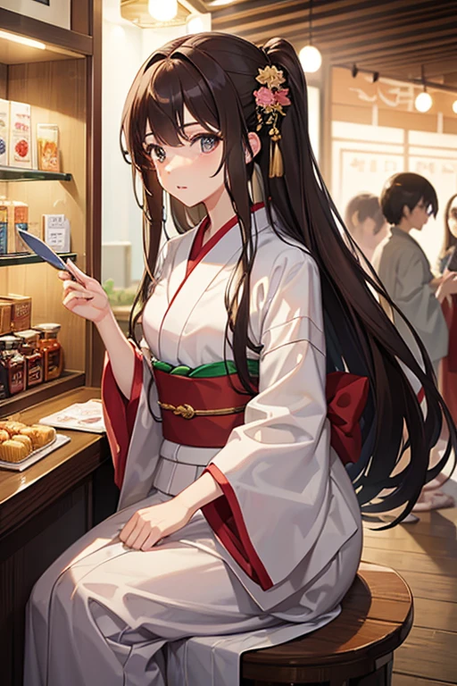 masterpiece, highest quality, High resolution,Anime Style、Brown Hair、Long Hair、female、yukata、stall