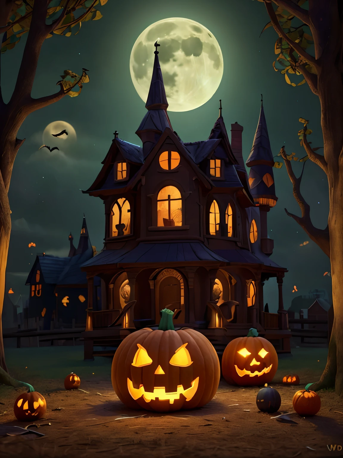 a spooky haunted house, pumpkins, bats flying, full moon, trick or treat, jack-o-lanterns, candy, halloween decorations, (best quality,4k,8k,highres,masterpiece:1.2),ultra-detailed,(realistic,photorealistic,photo-realistic:1.37),vibrant colors,chiaroscuro lighting,horror,cinematic

a group of ren in Halloween costumes, jack-o-lanterns, trick or treat bags, candy, spooky forest background, full moon, cobweb, (best quality,4k,8k,highres,masterpiece:1.2),ultra-detailed,(realistic,photorealistic,photo-realistic:1.37),colorful,warm lighting,whimsical,magical